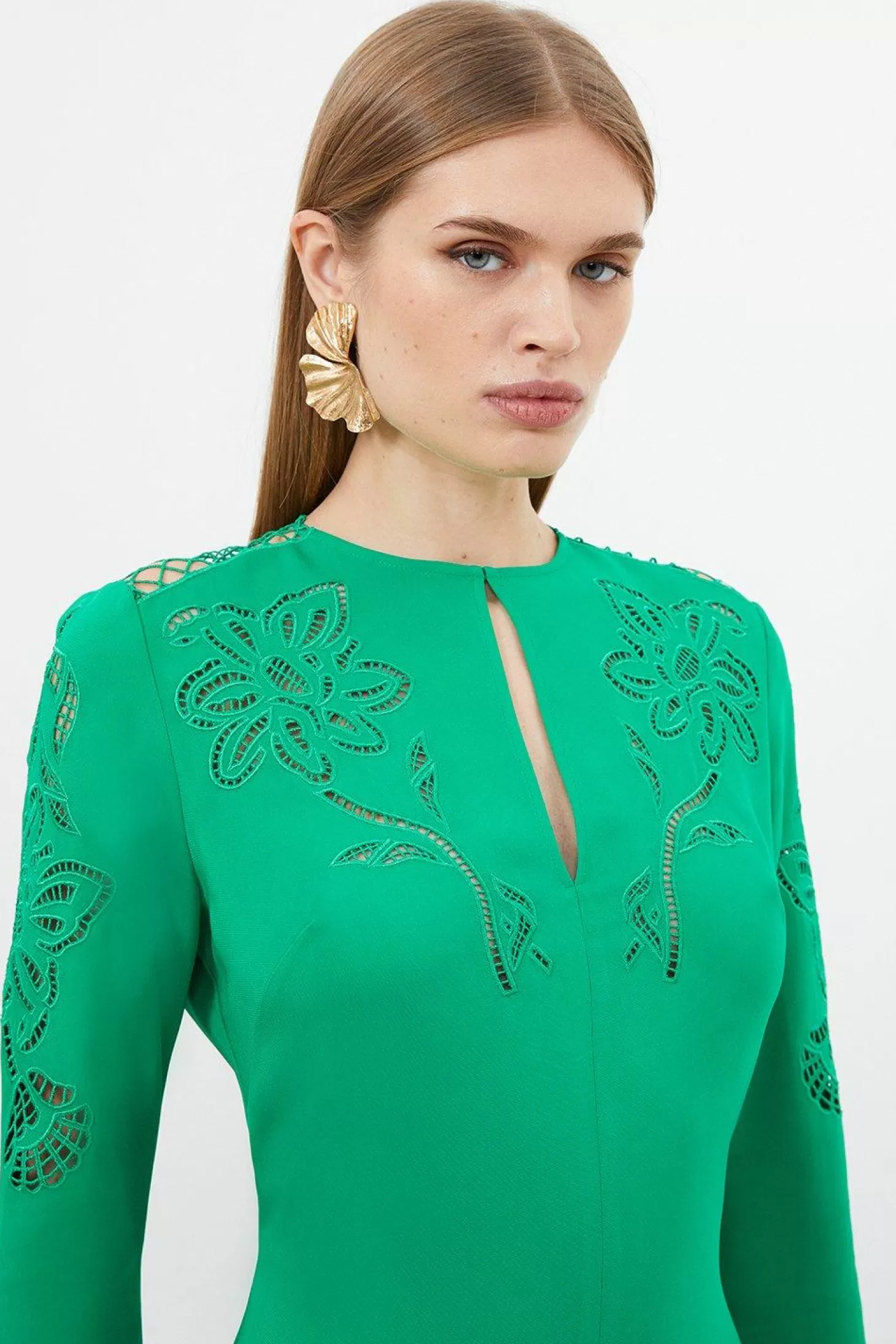 Karen Millen Tall Premium Cady Cutwork Long Sleeve Woven Maxi Dress