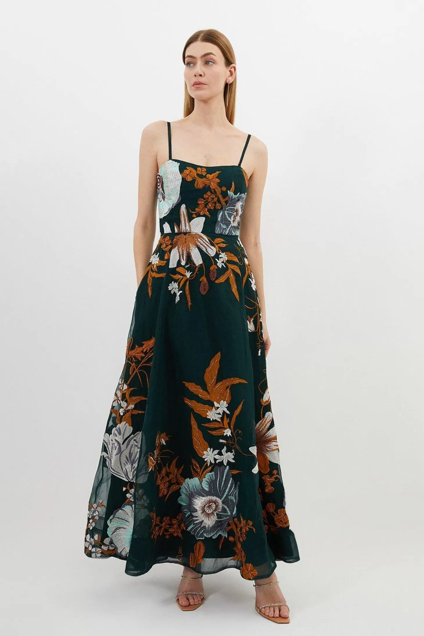 Karen Millen Tall Premium Embroidered Bandeau Beaded Organdie Woven Maxi Dress