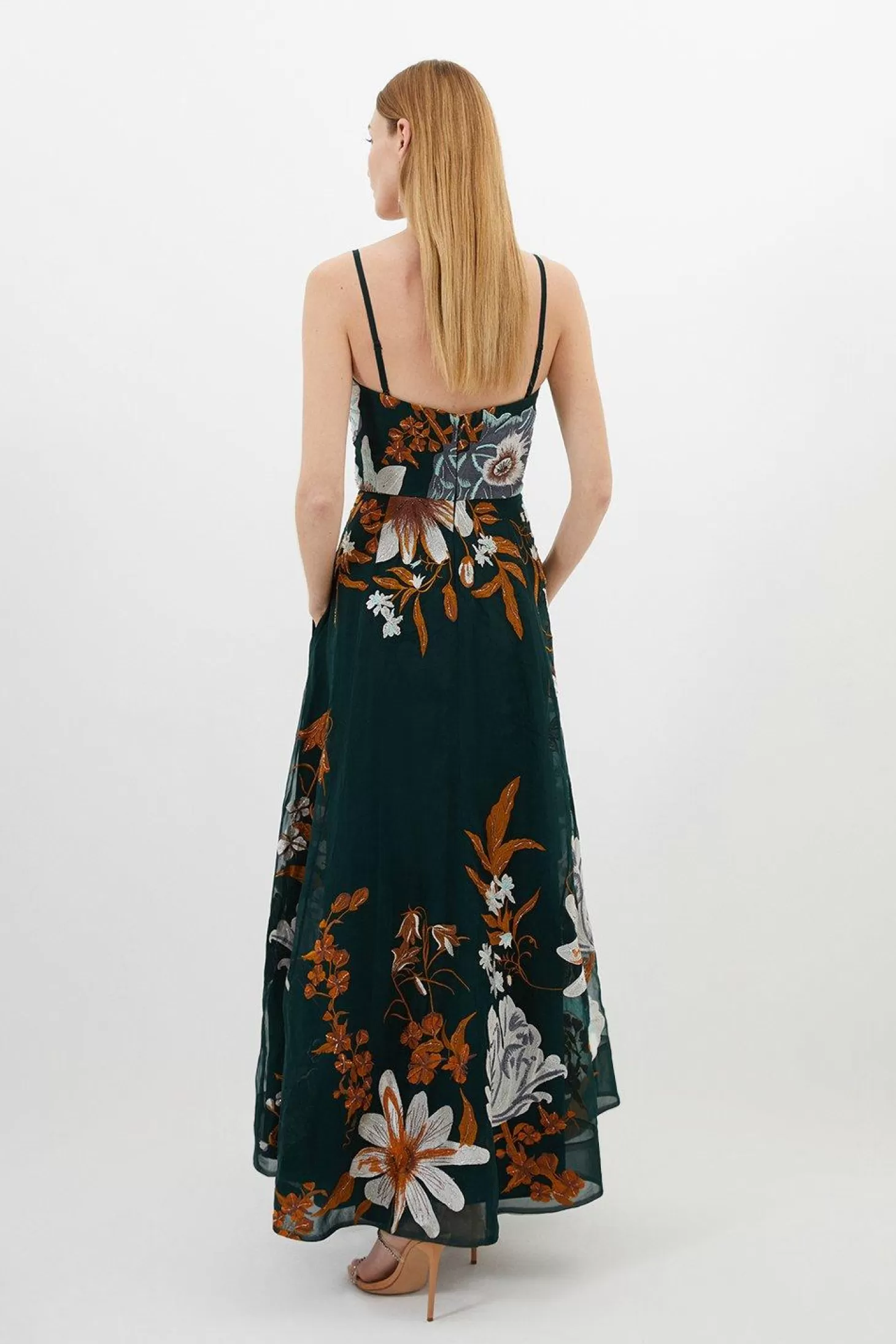 Karen Millen Tall Premium Embroidered Bandeau Beaded Organdie Woven Maxi Dress