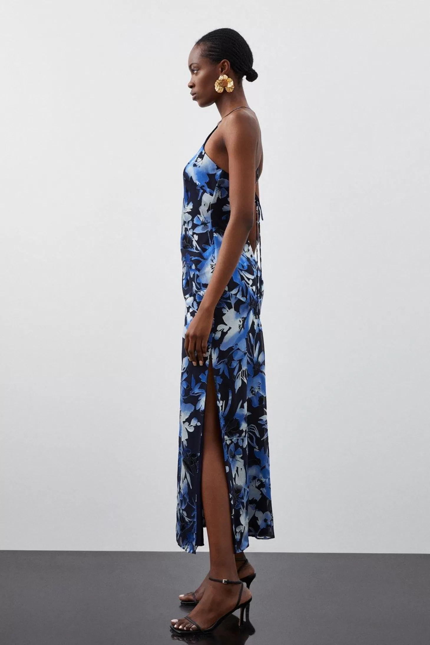 Karen Millen Tall Satin Floral Devore Woven Strappy Maxi Dress