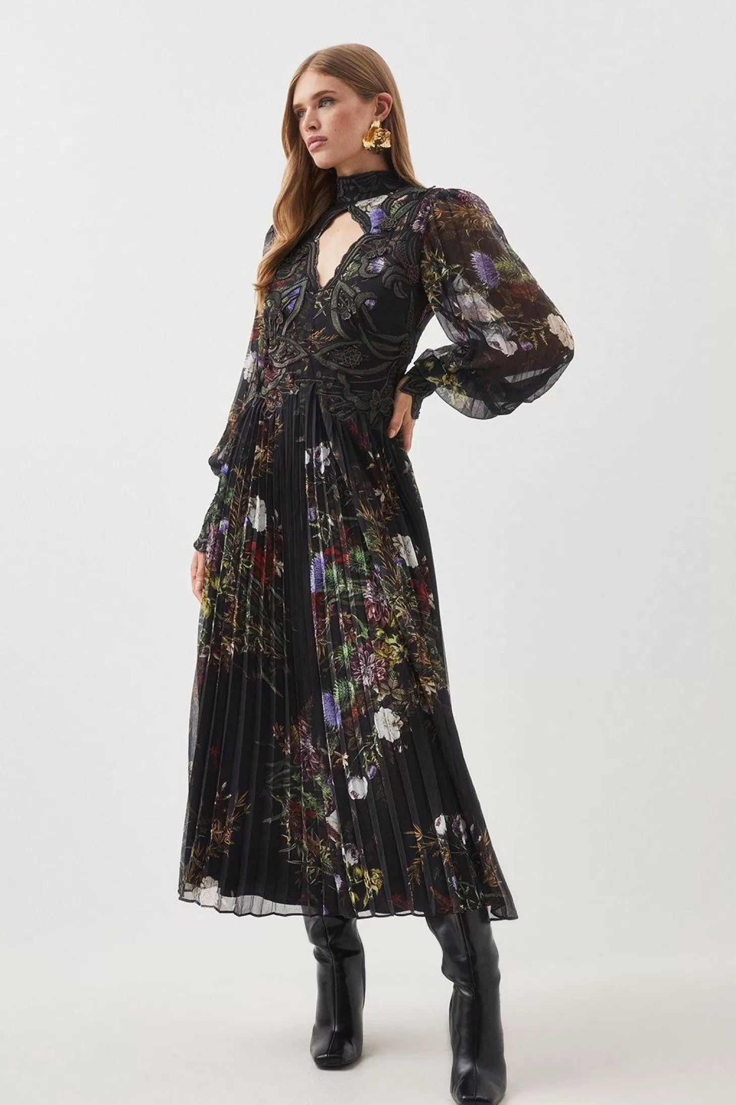 Karen Millen Tall Size Floral Applique Pleated Maxi Dress