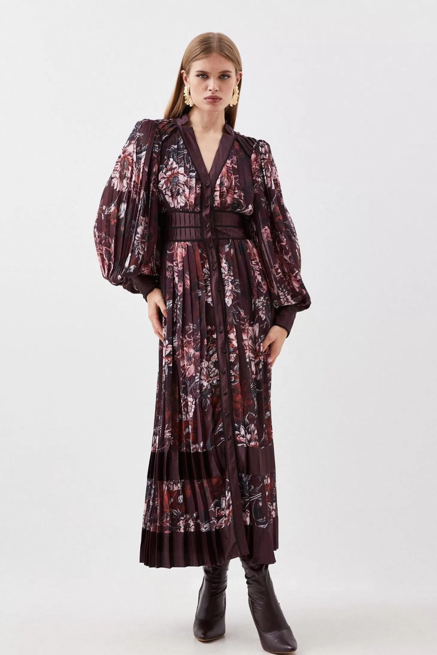 Karen Millen Tall Sketched Botanical Plunge Woven Maxi Dress