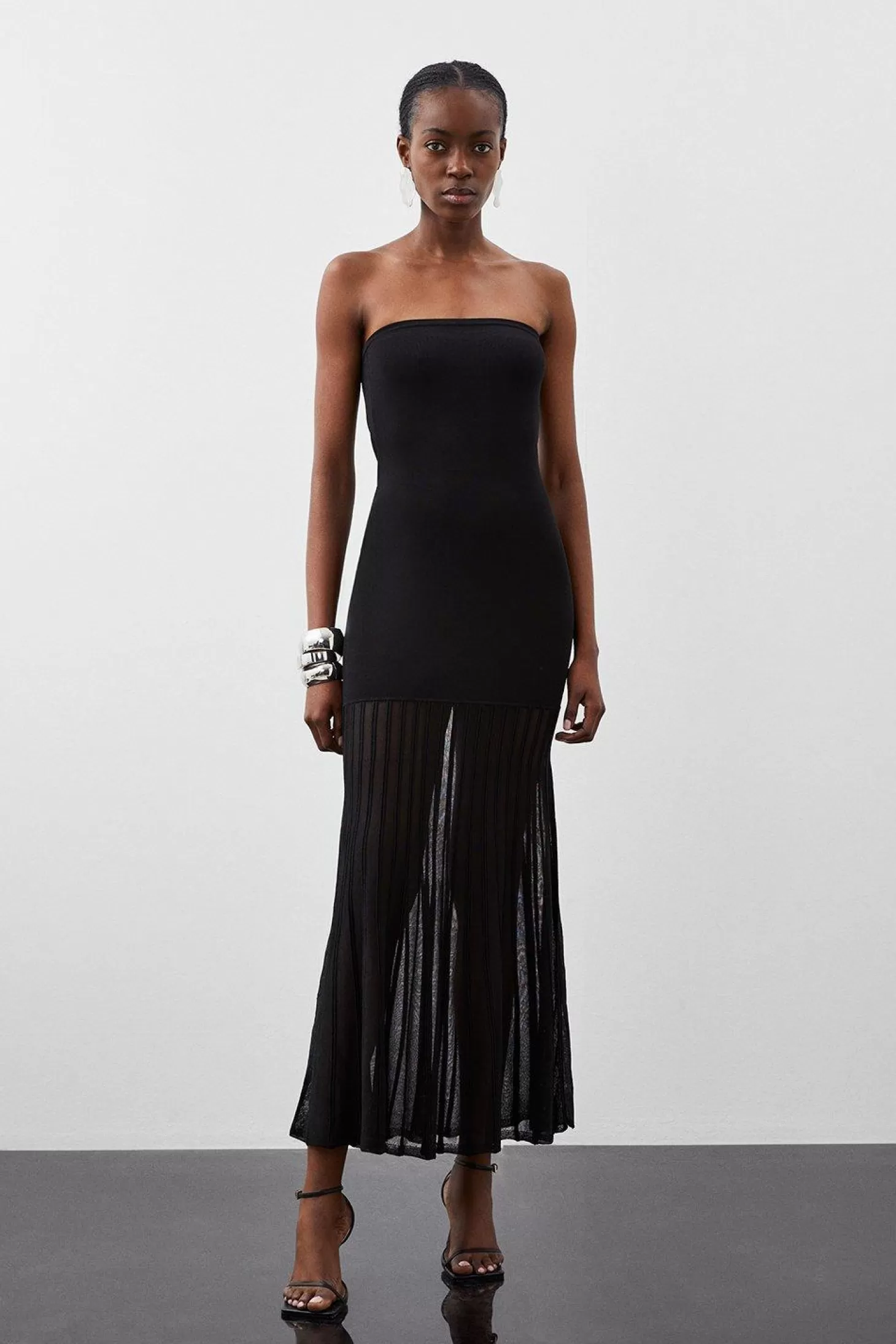 Karen Millen Tall Viscose Blend Sheer Knit Bandeau Pleated Skirt Midaxi Dress