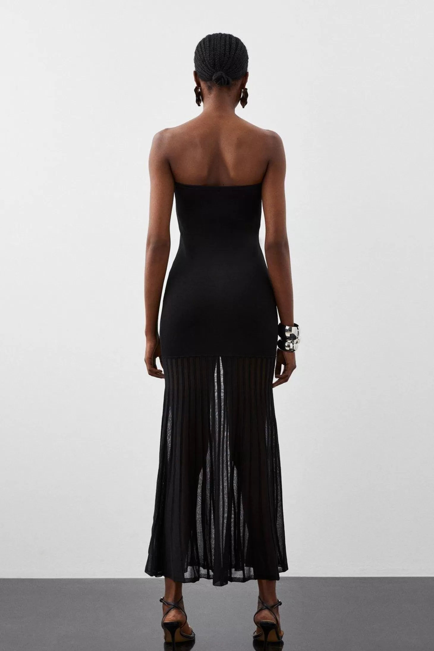 Karen Millen Tall Viscose Blend Sheer Knit Bandeau Pleated Skirt Midaxi Dress