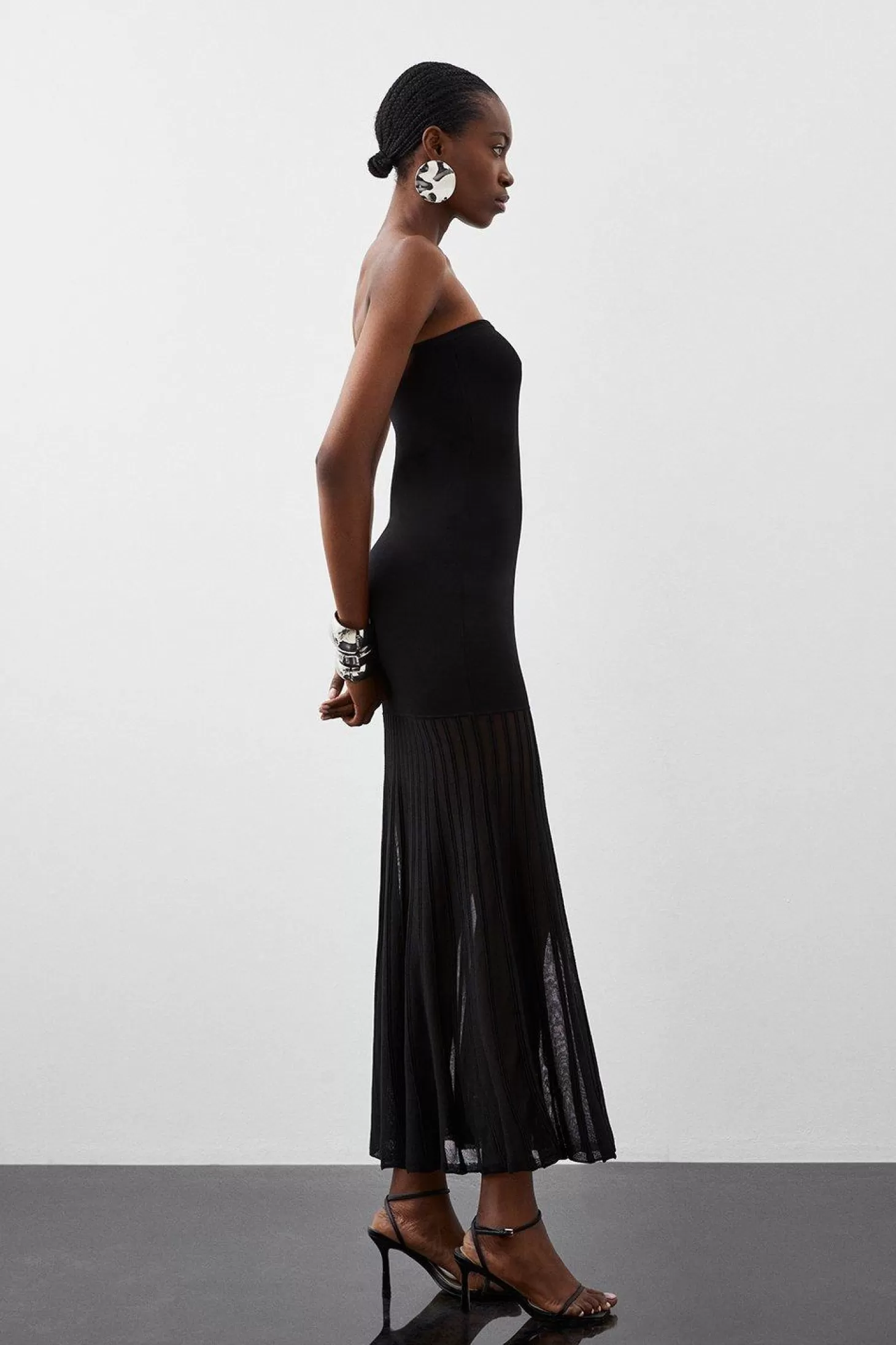 Karen Millen Tall Viscose Blend Sheer Knit Bandeau Pleated Skirt Midaxi Dress