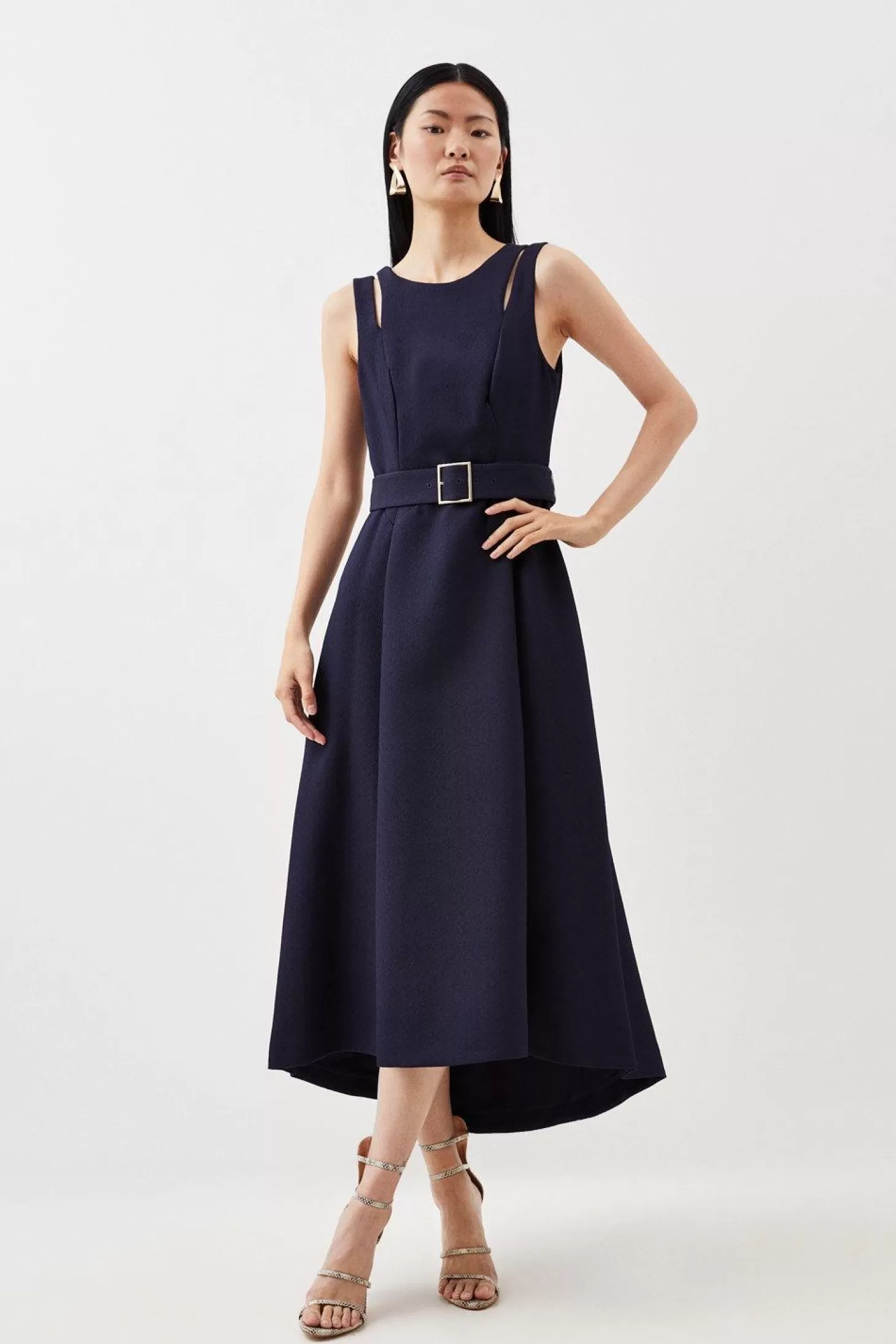 Karen Millen Textured Crepe Tailored Seam Detail Belted Midaxi Dress