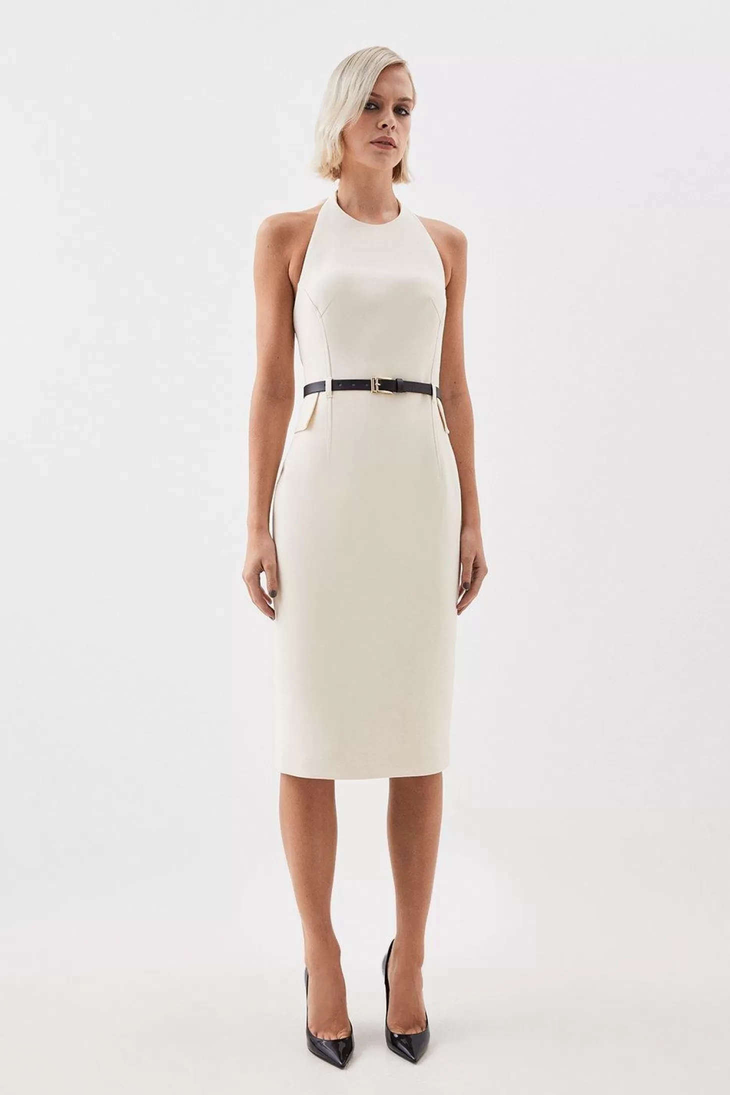 Karen Millen The Founder Compact Stretch Halter Neck Belted Midi Dress