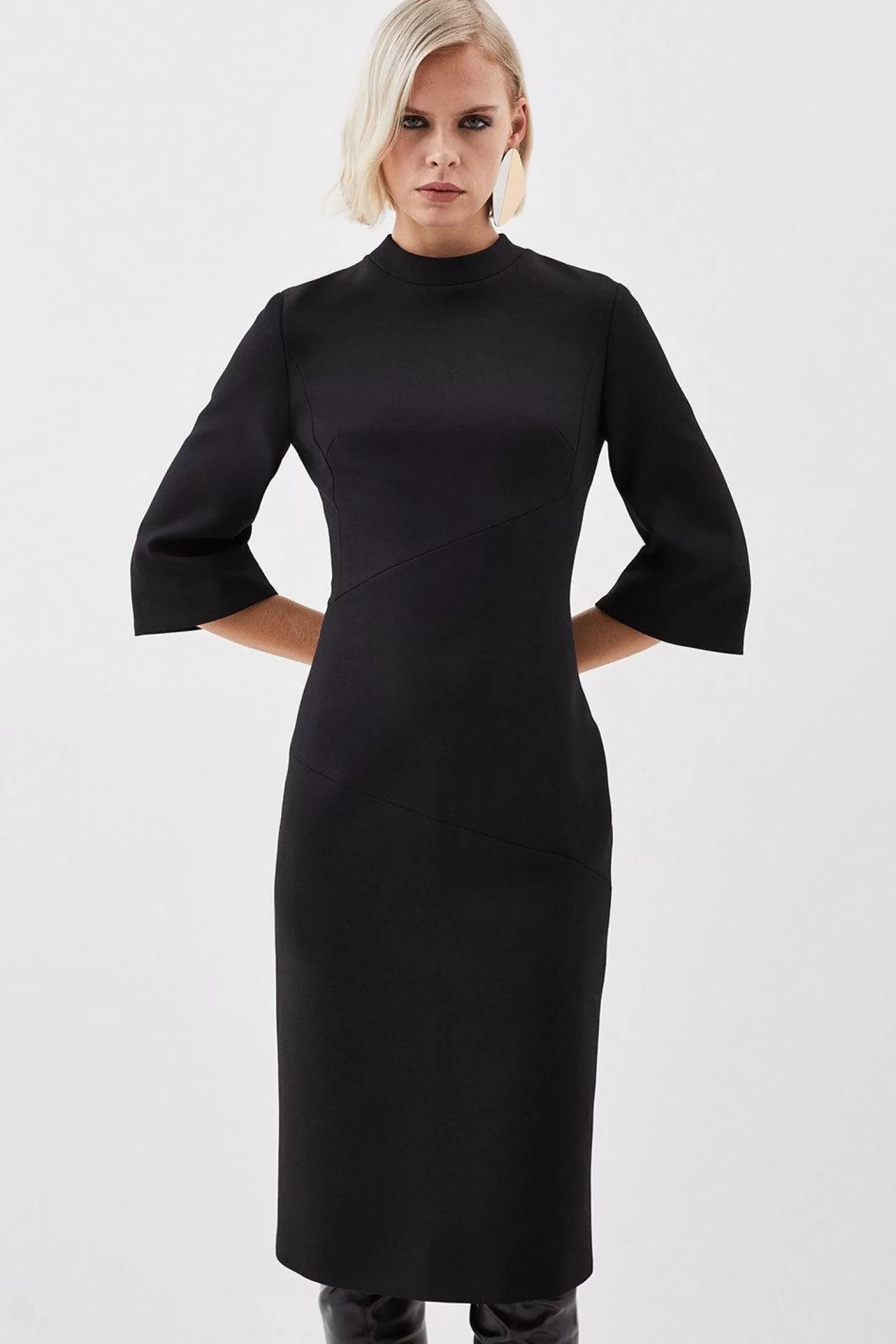 Karen Millen The Founder Tailored Compact Stretch Neck Tie Midi Pencil Dress
