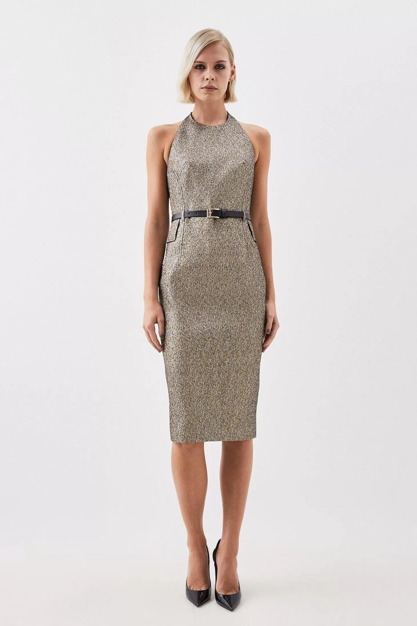 Karen Millen The Founder Tailored Metallic Jacquard Halter Neck Belted Midi Dress