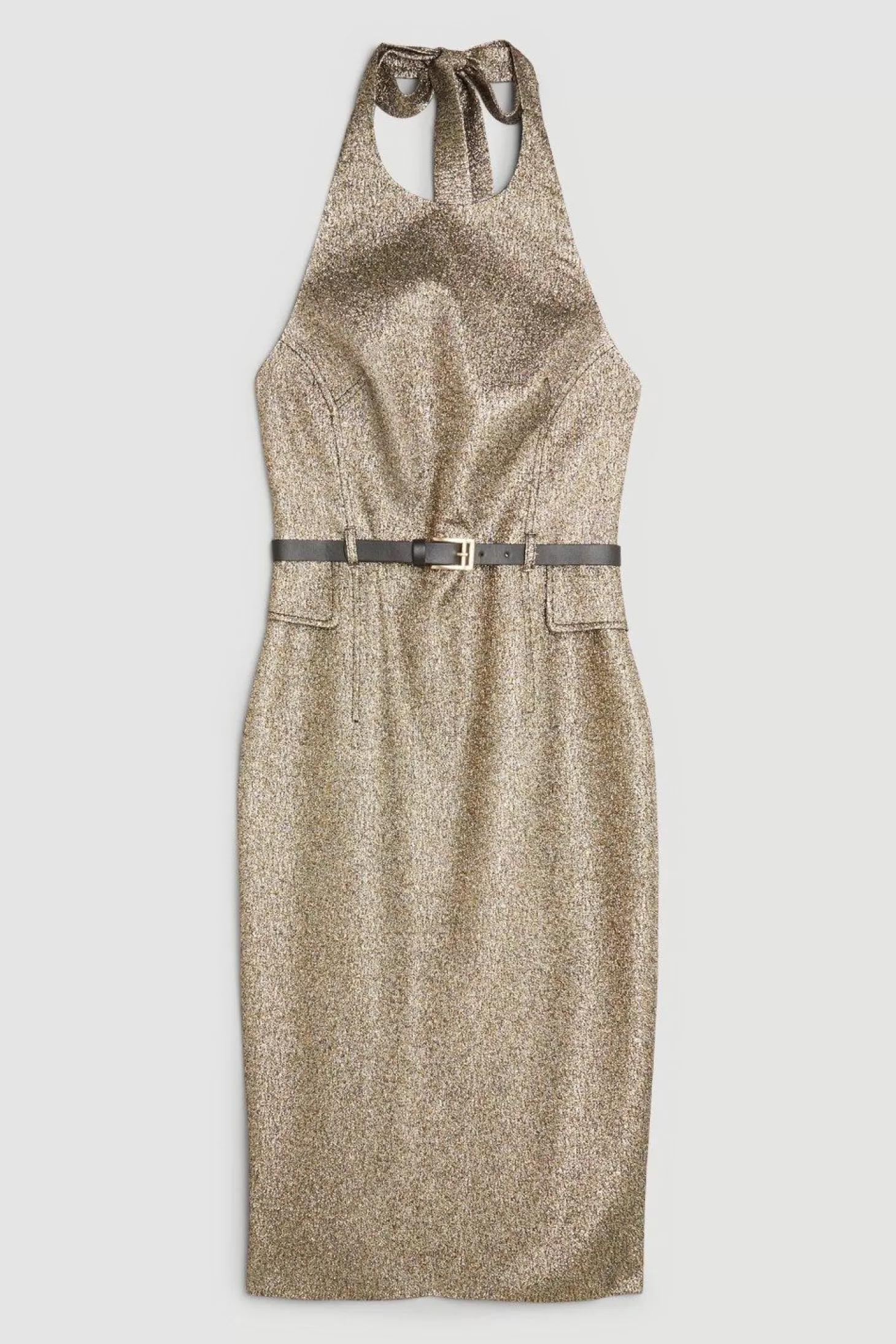 Karen Millen The Founder Tailored Metallic Jacquard Halter Neck Belted Midi Dress
