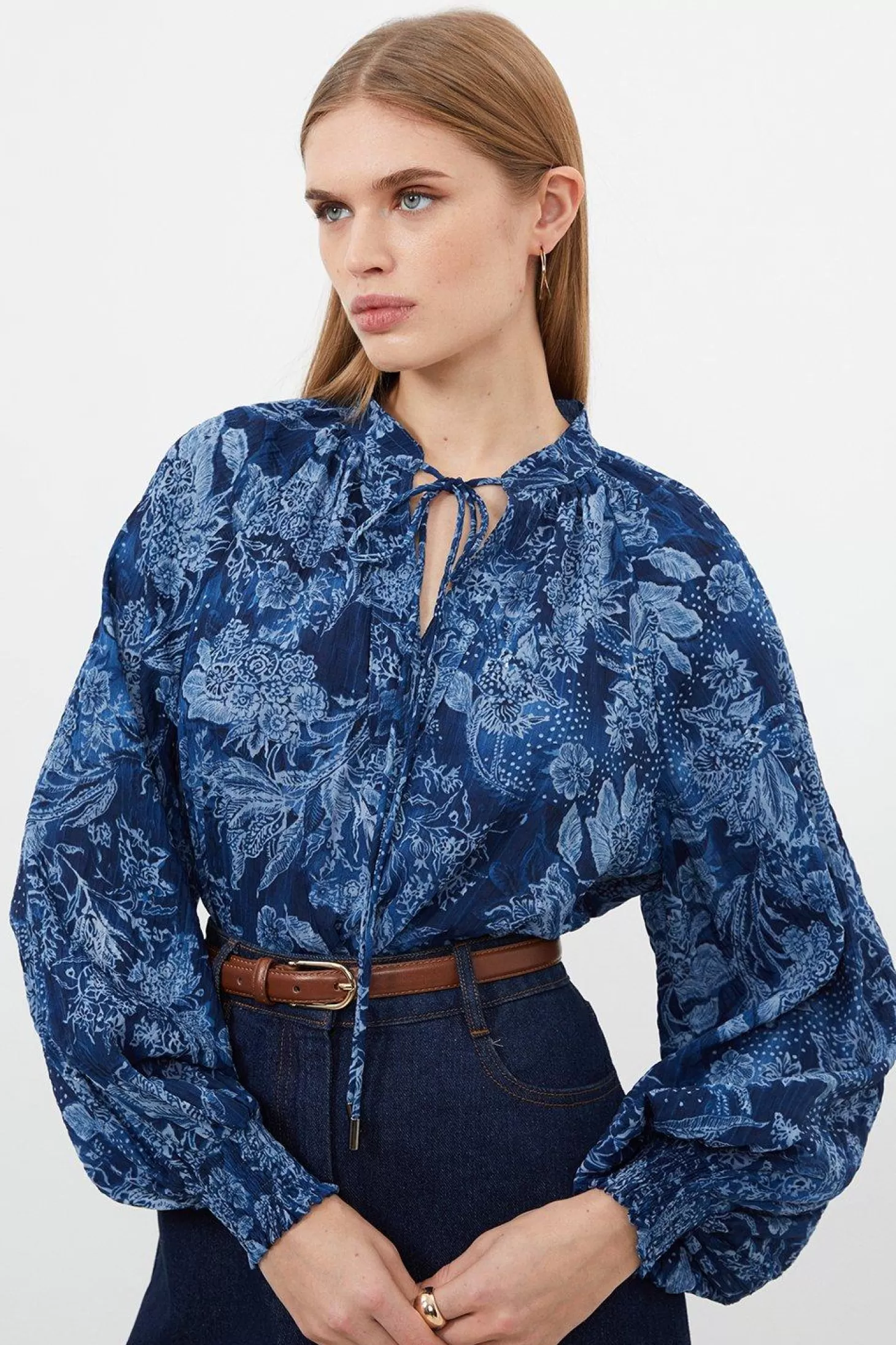 Karen Millen Top Stitch Floral Crinckle Cotton Woven Blouse