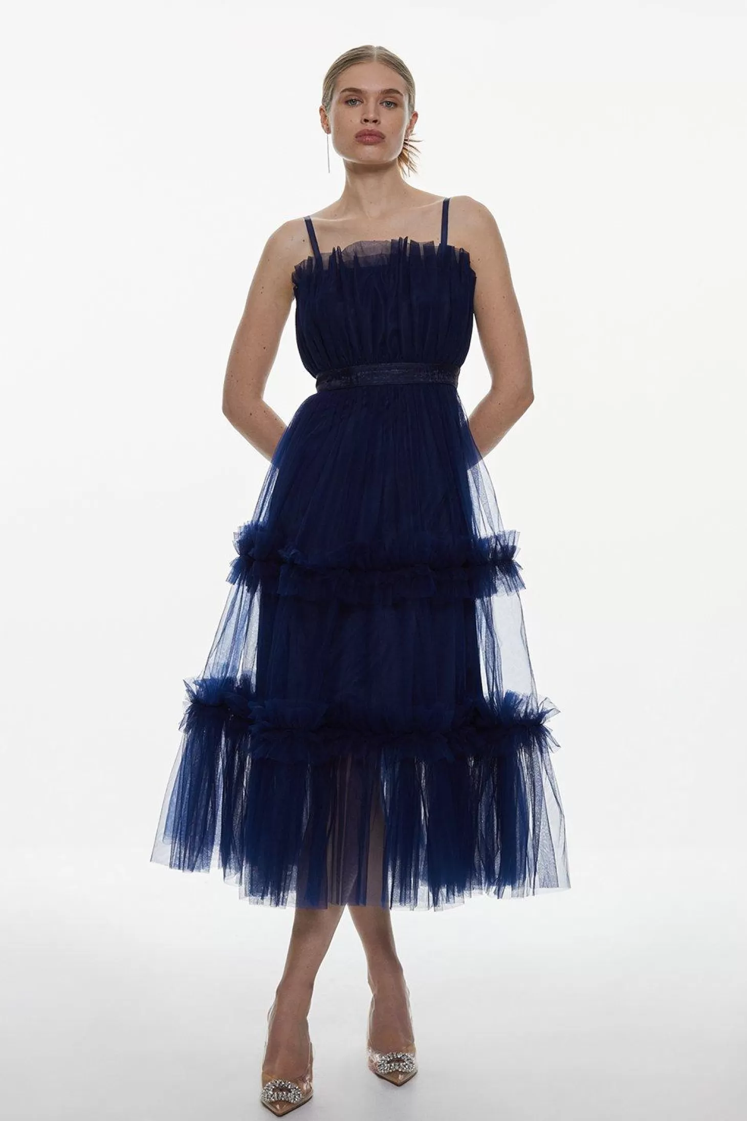 Karen Millen Tulle Bandeau Tiered Midi Dress