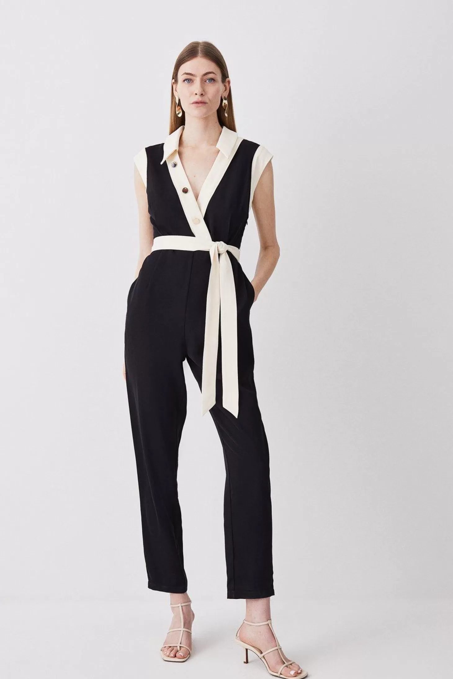 Karen Millen Twill Button Detail Woven Wrap Jumpsuit