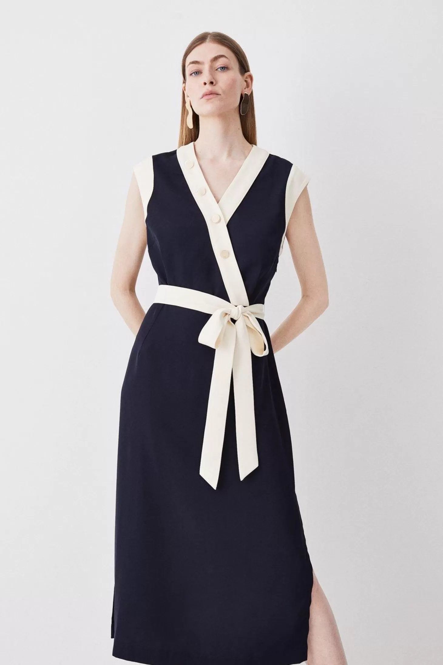 Karen Millen Twill Button Detailed Belted Woven Midi Dress