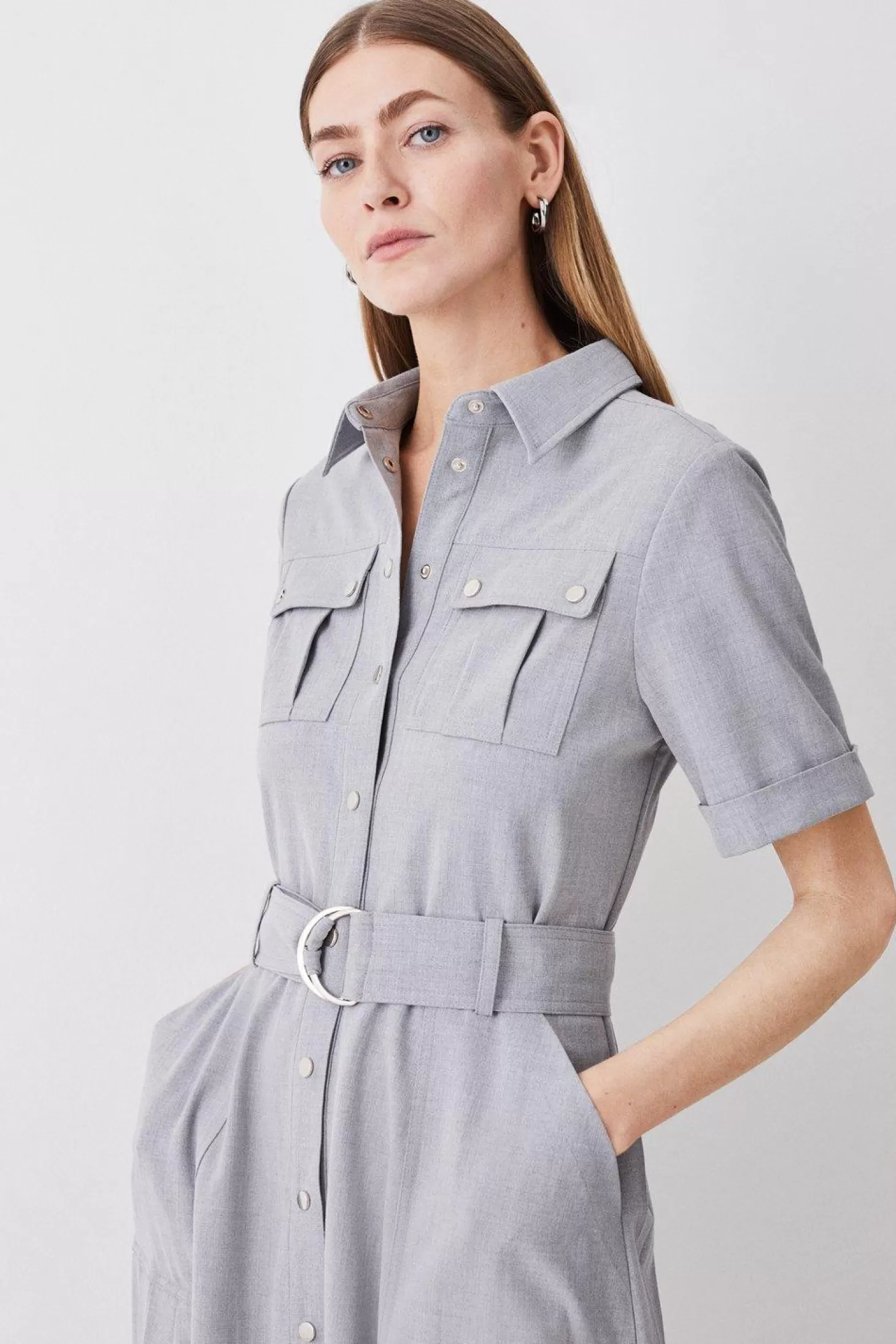 Karen Millen Utility Pocket Belted Short Sleeve Midi Dress