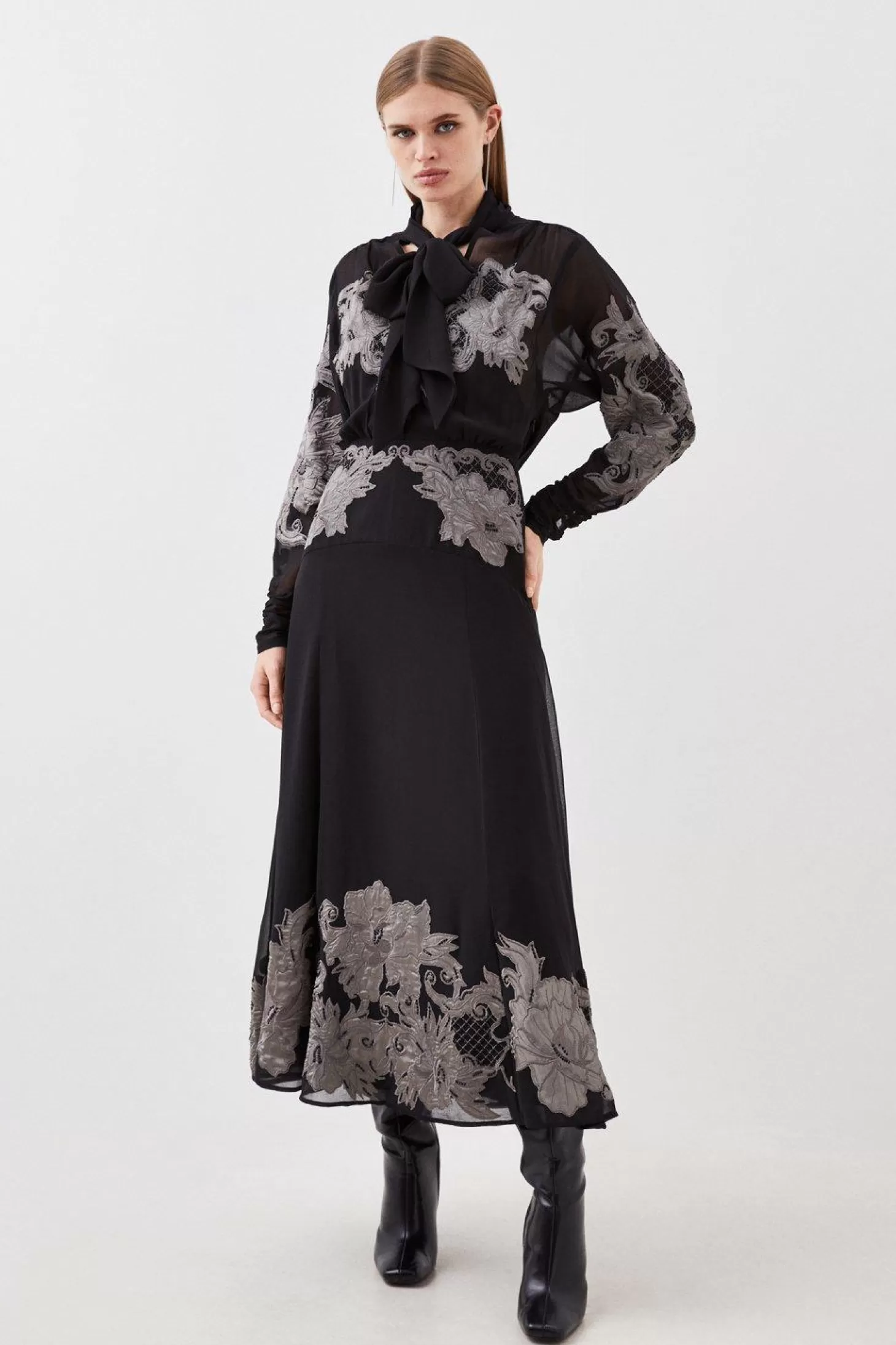 Karen Millen Velvet Applique Satin Woven Maxi Dress