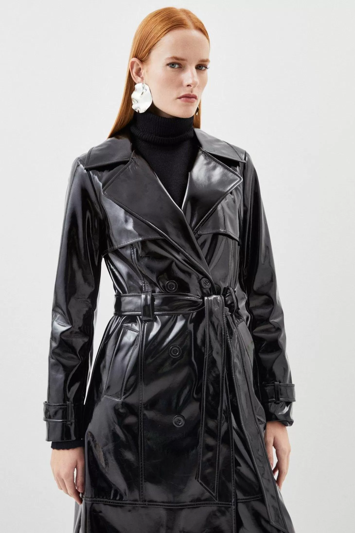 Karen Millen Vinyl Belted Longline Trench Coat