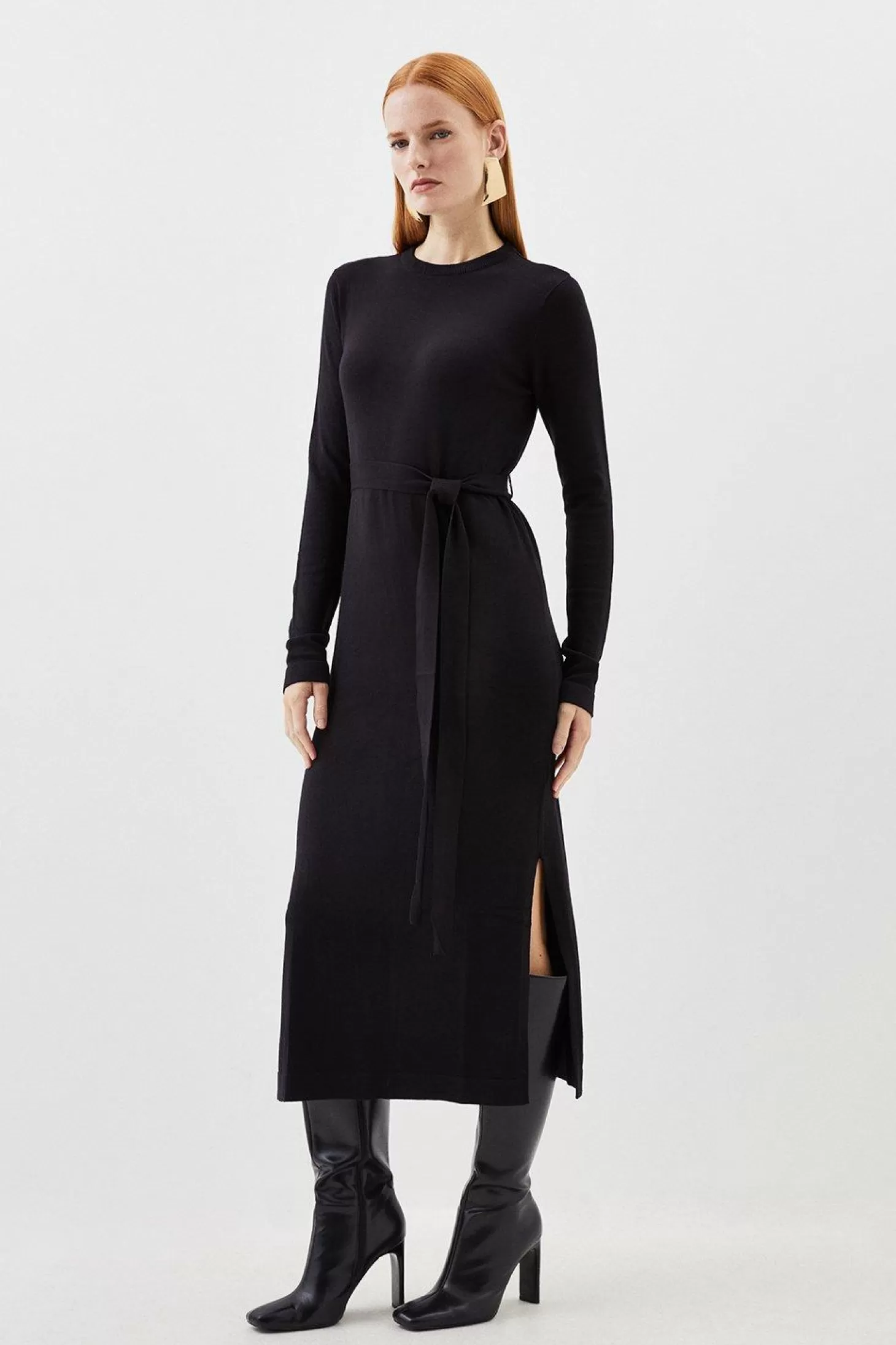 Karen Millen Viscose Blend Belted Knitted Midi Dress