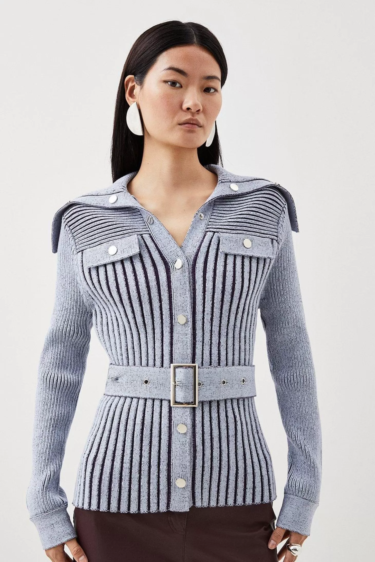 Karen Millen Viscose Blend Belted Utility Chambray Rib Knit Cardigan