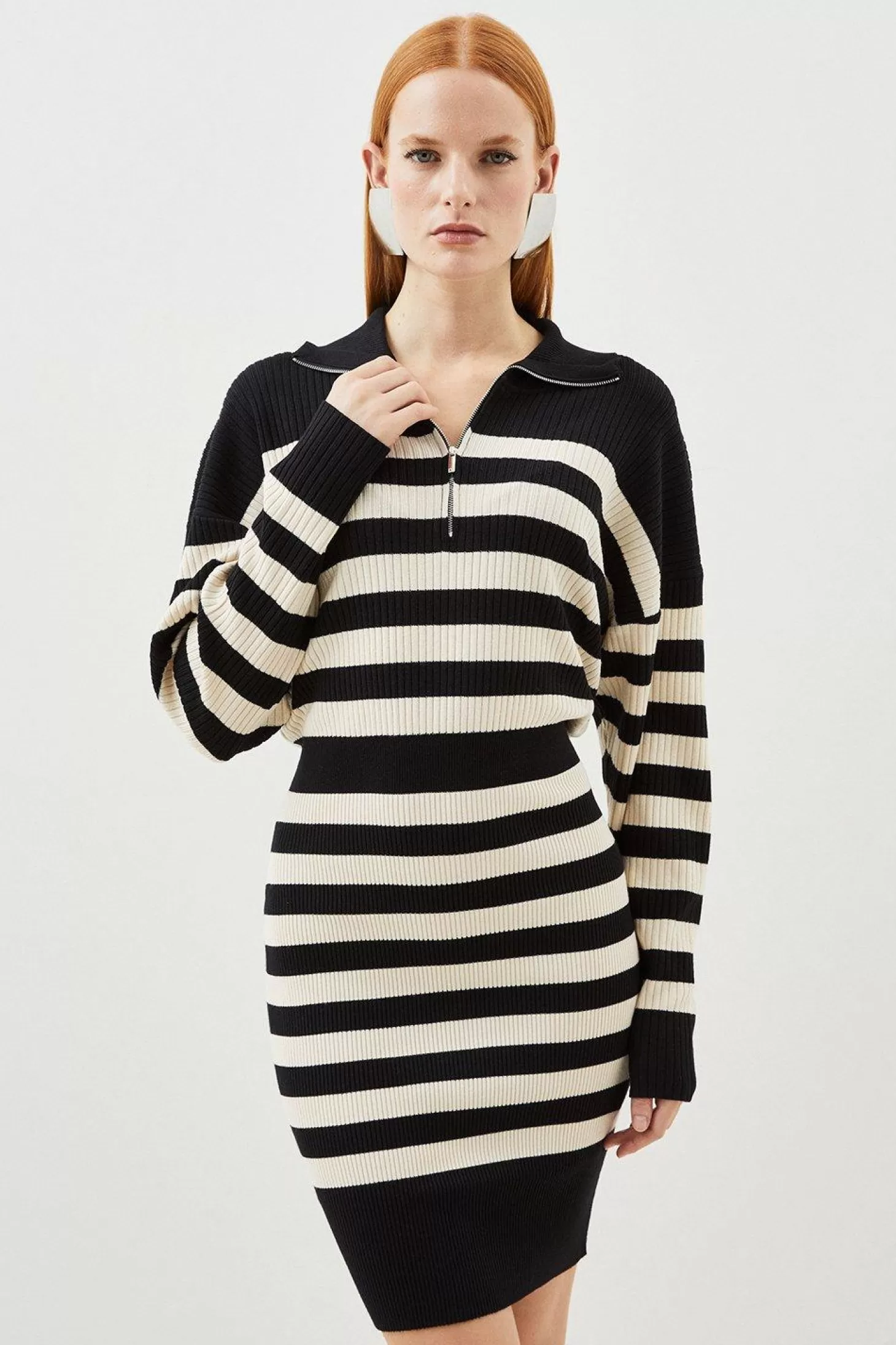 Karen Millen Viscose Blend Fly Collar Rib Knit Stripe Mini Dress