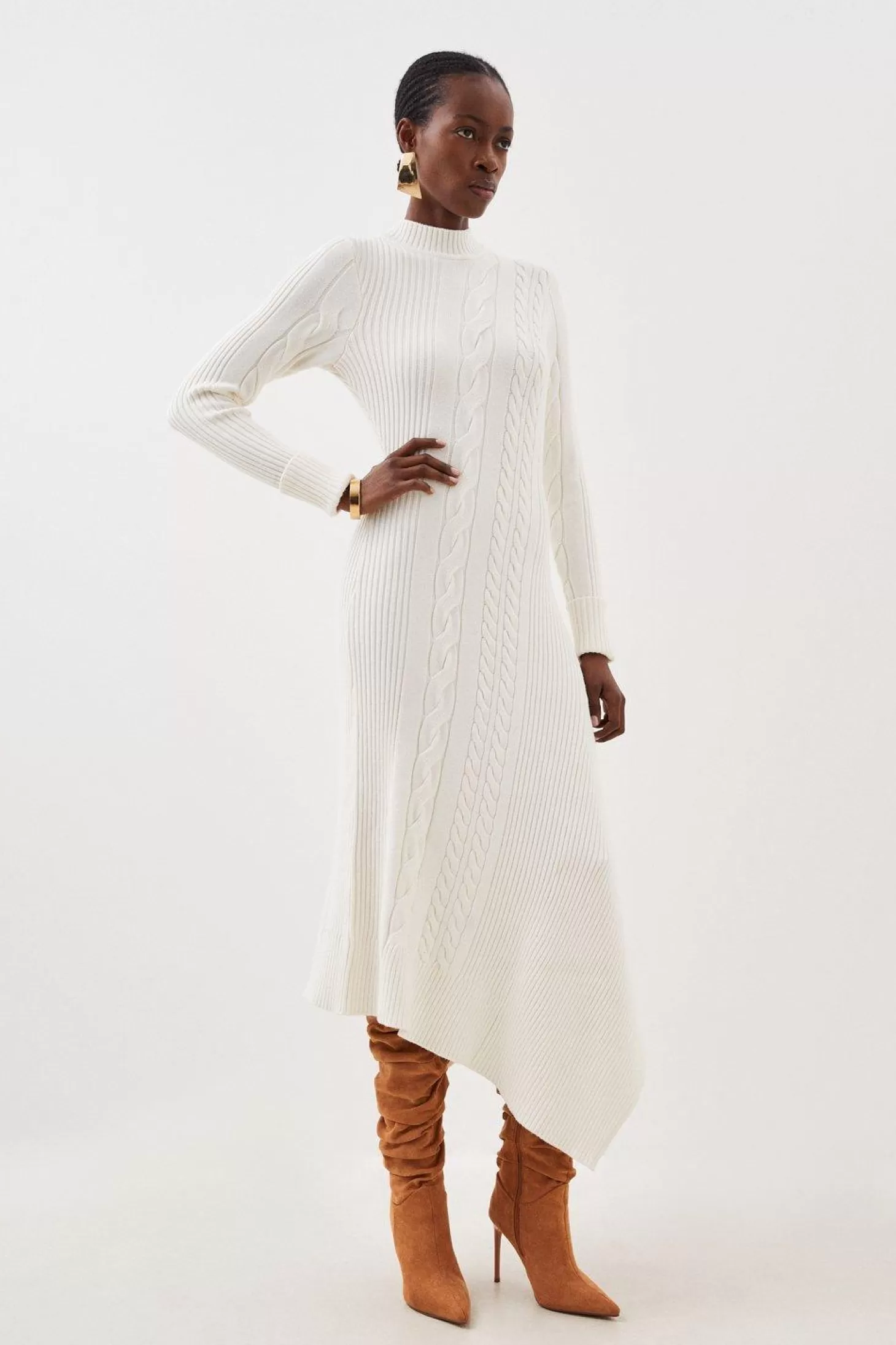 Karen Millen Viscose Blend High Neck Asymmetric Hem Cable Knit Midaxi Dress