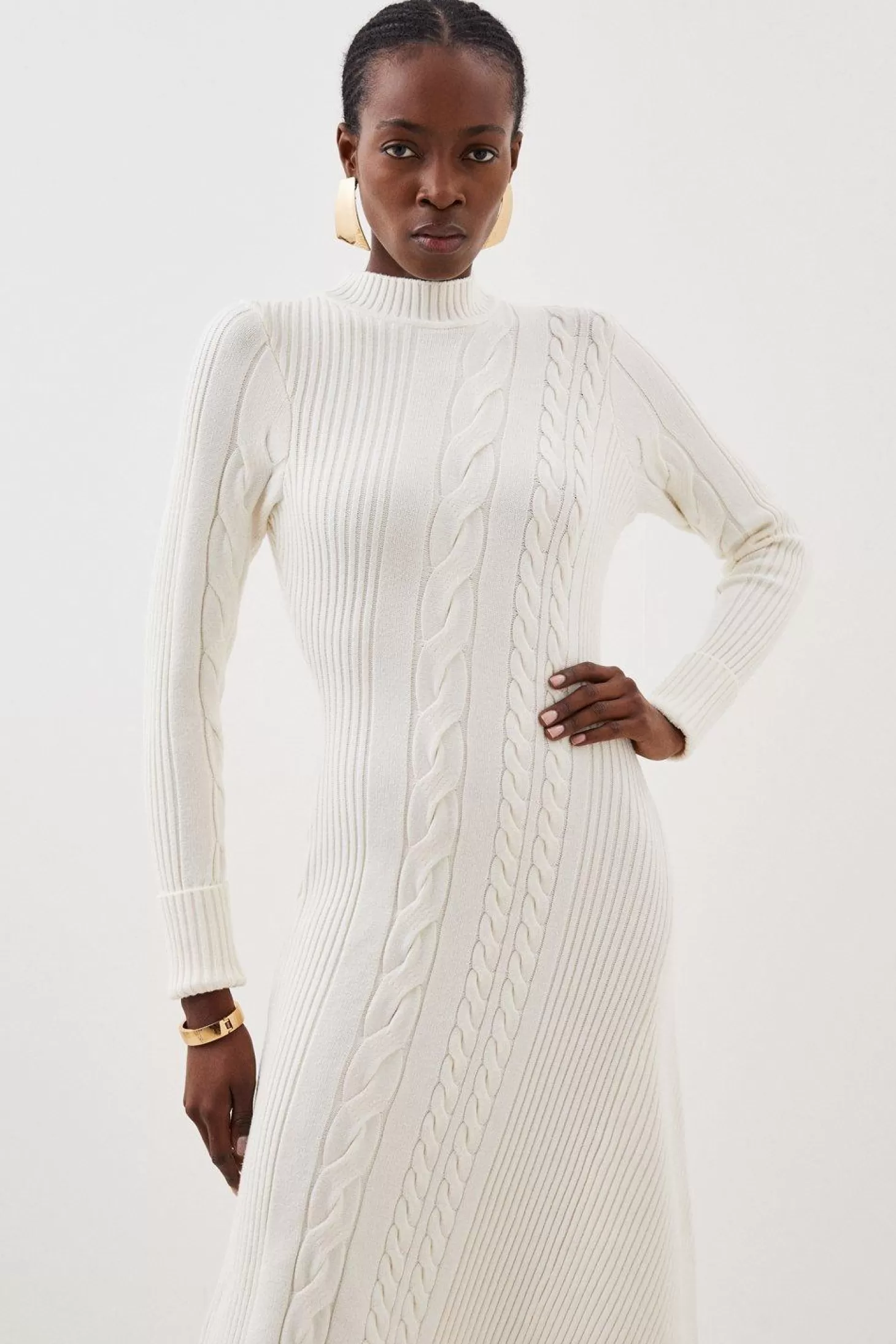 Karen Millen Viscose Blend High Neck Asymmetric Hem Cable Knit Midaxi Dress