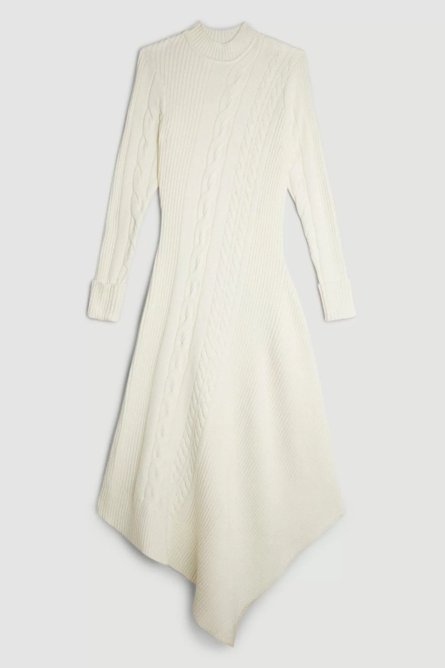 Karen Millen Viscose Blend High Neck Asymmetric Hem Cable Knit Midaxi Dress