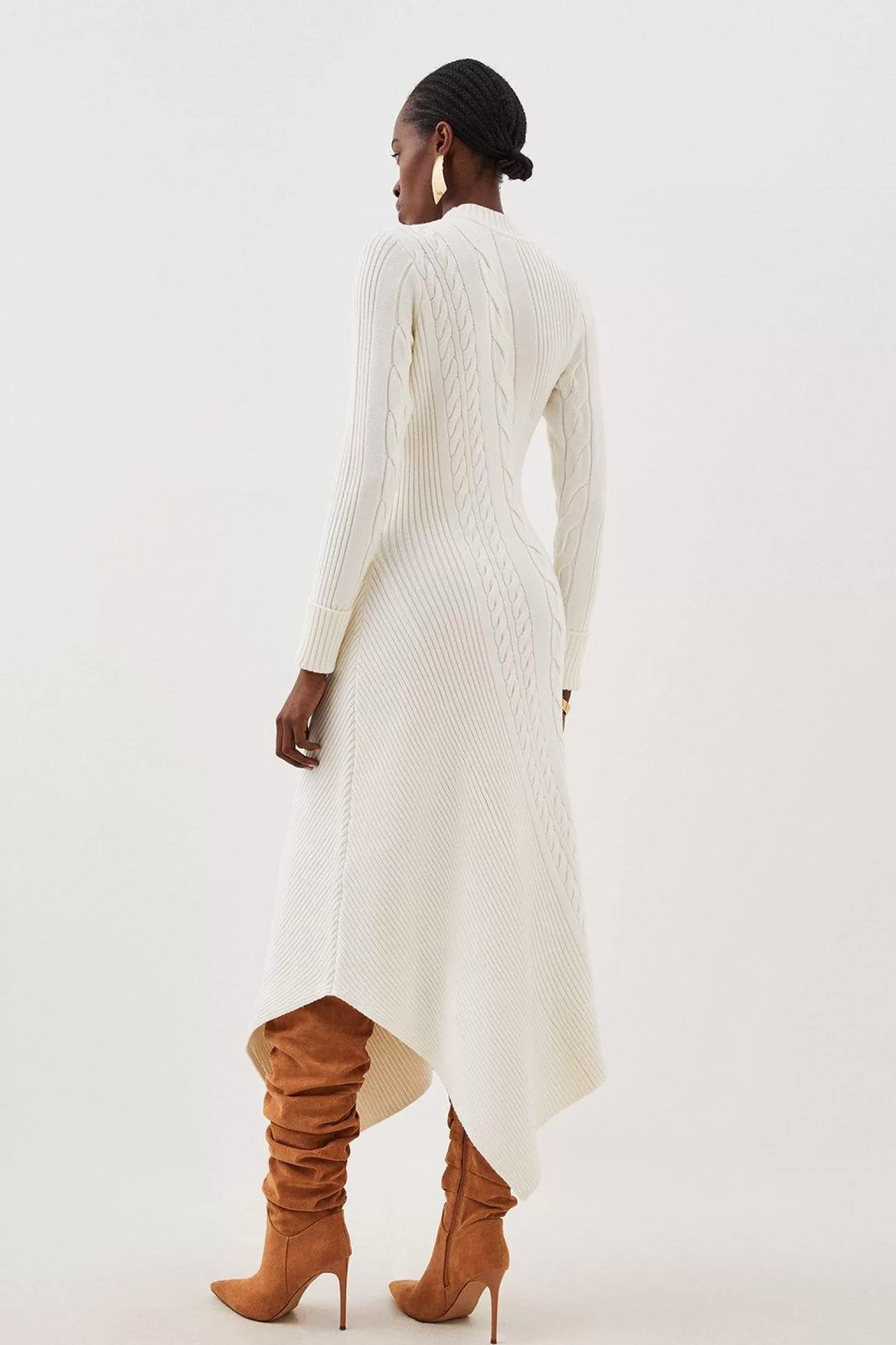Karen Millen Viscose Blend High Neck Asymmetric Hem Cable Knit Midaxi Dress