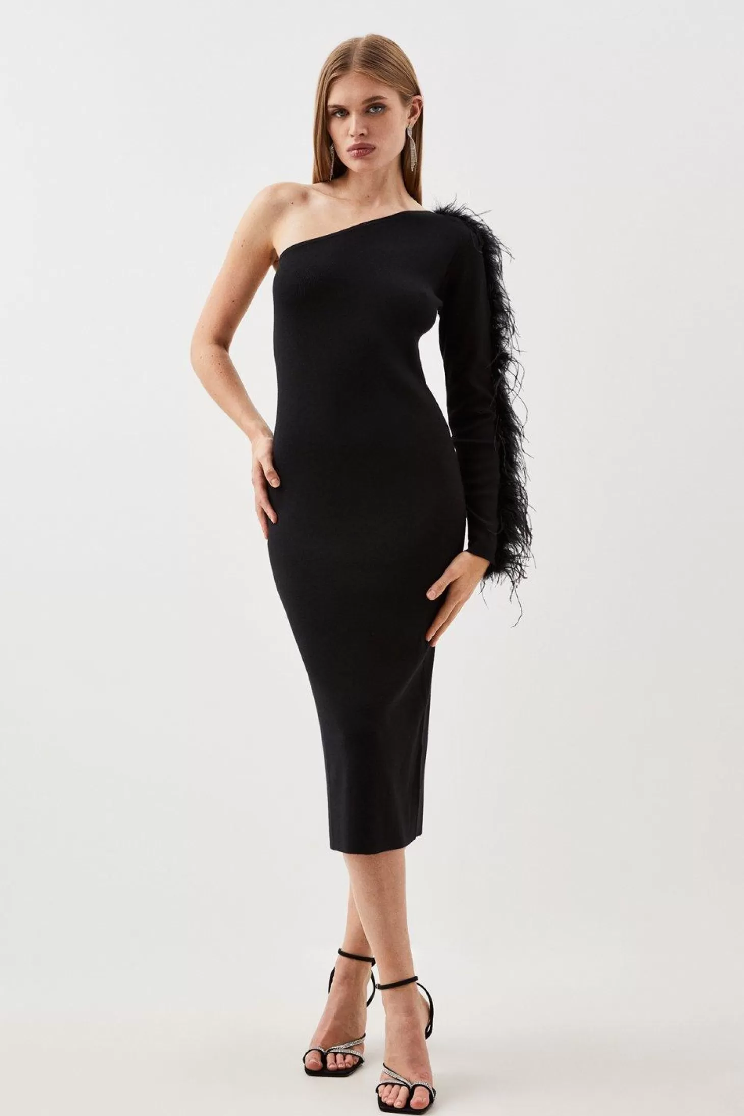 Karen Millen Viscose Blend One Shoulder Feather Detail Knit Midi Dress