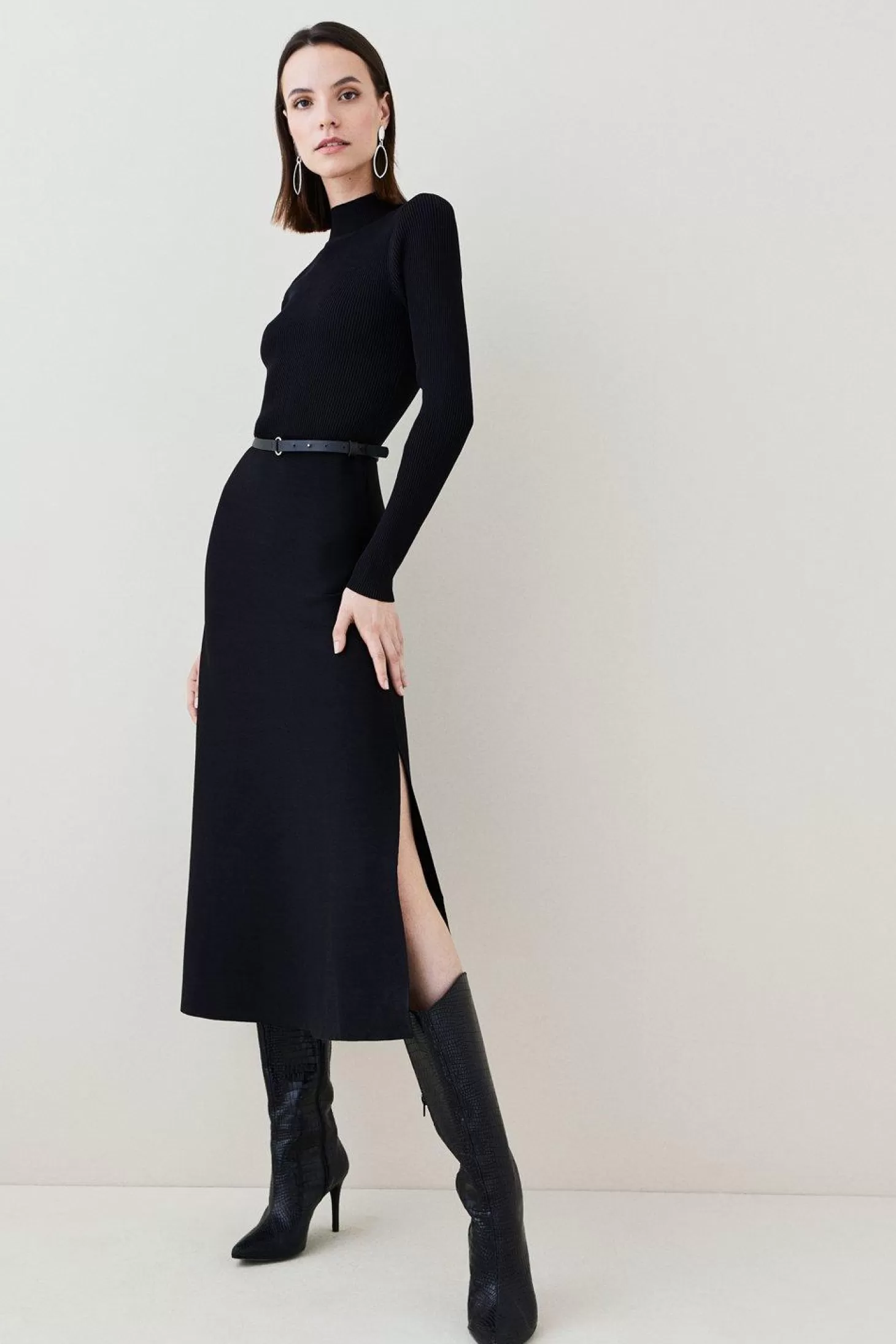 Karen Millen Viscose Blend Rib Knit Belted Midi Dress