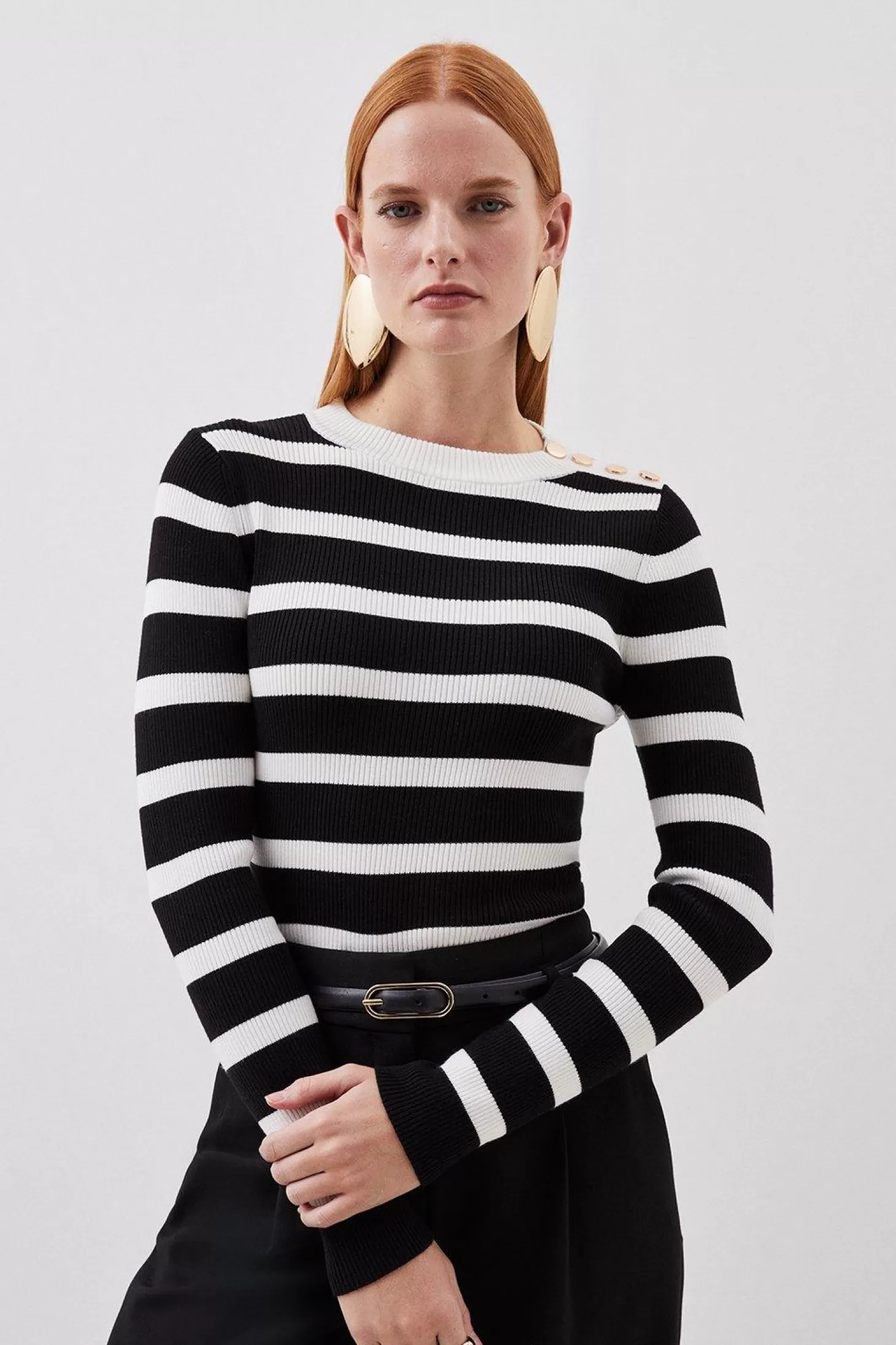 Karen Millen Viscose Blend Rib Knit Military Trim Striped Top