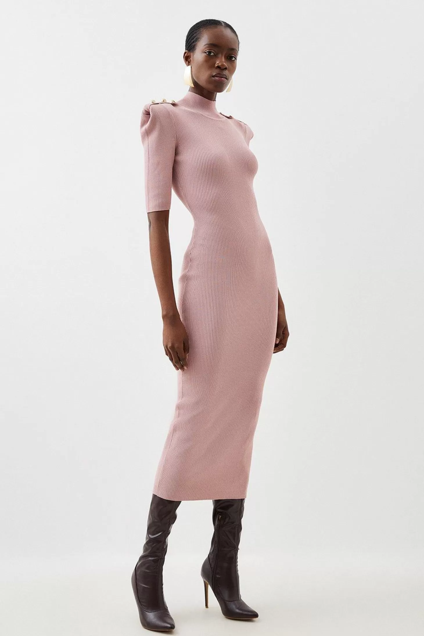 Karen Millen Viscose Blend Rib Knit Power Shoulder Military Trim Maxi Dress