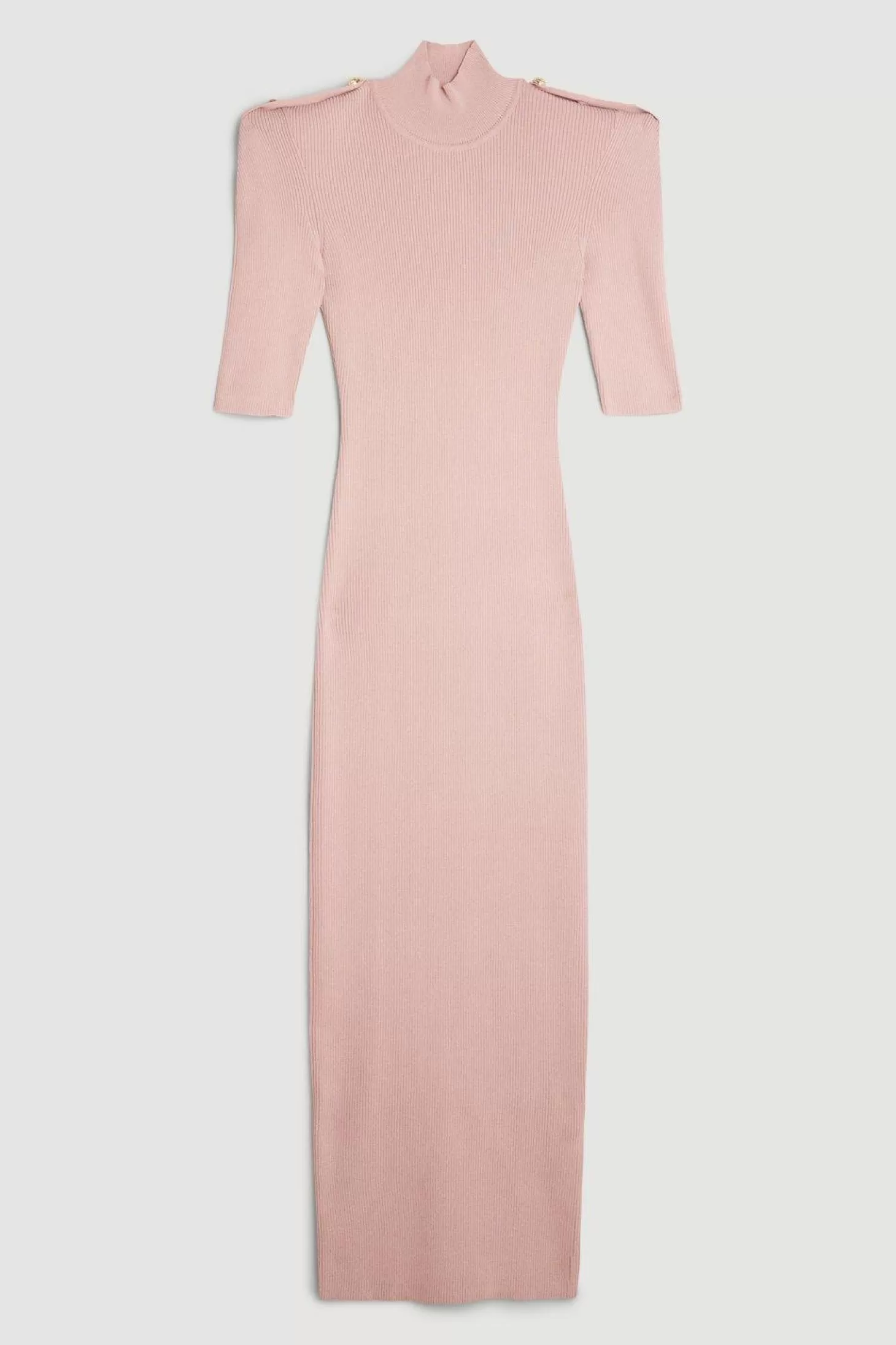Karen Millen Viscose Blend Rib Knit Power Shoulder Military Trim Maxi Dress