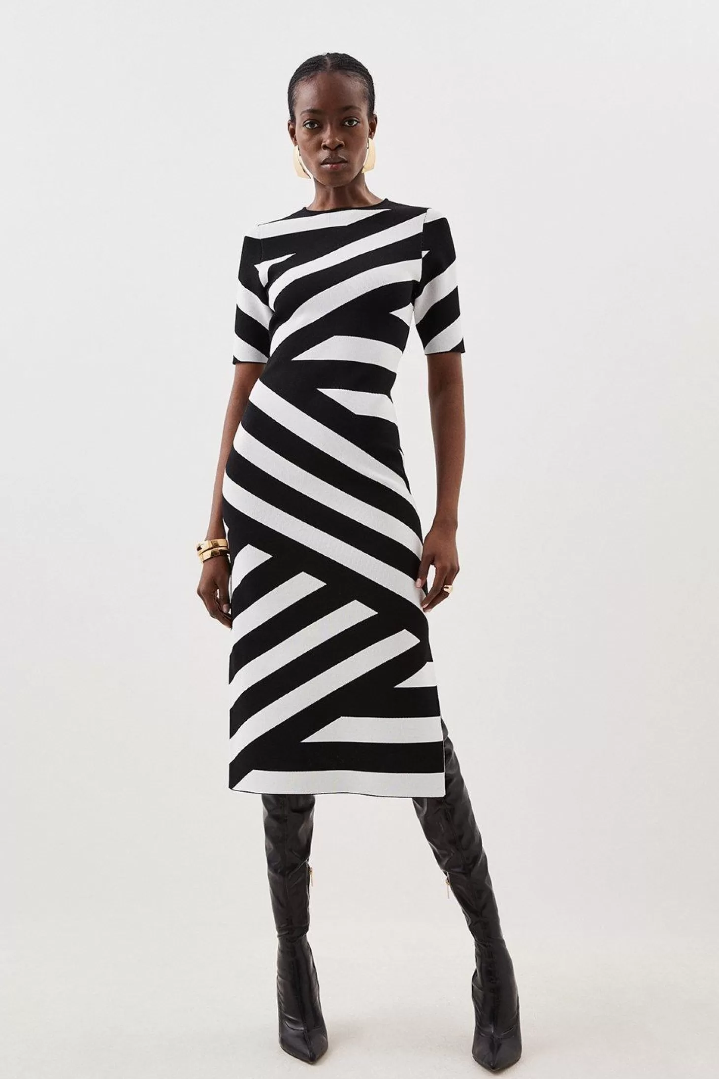 Karen Millen Viscose Blend Rib Striped Knit Midaxi Dress