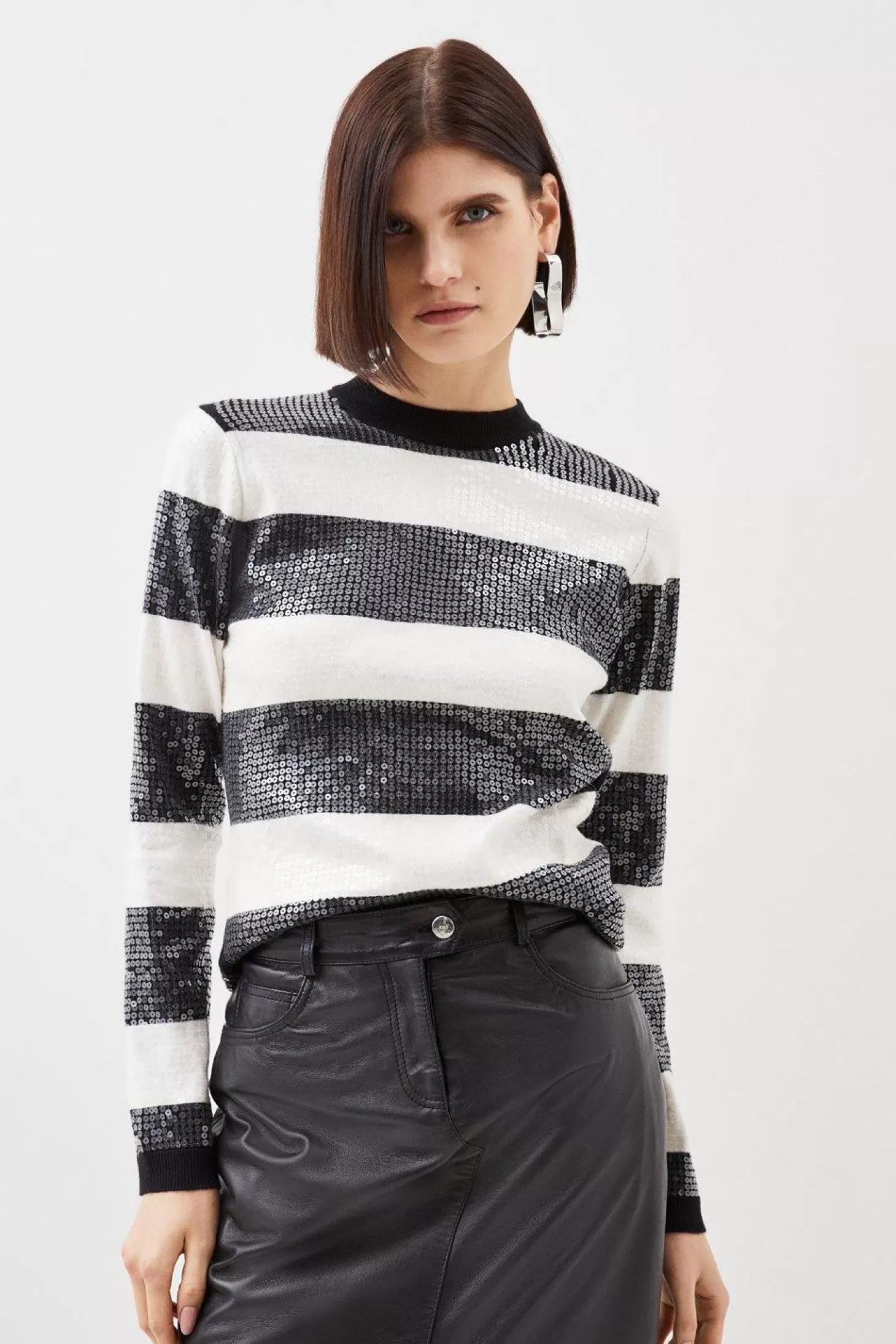 Karen Millen Viscose Blend Sequin Knit Striped Sweater