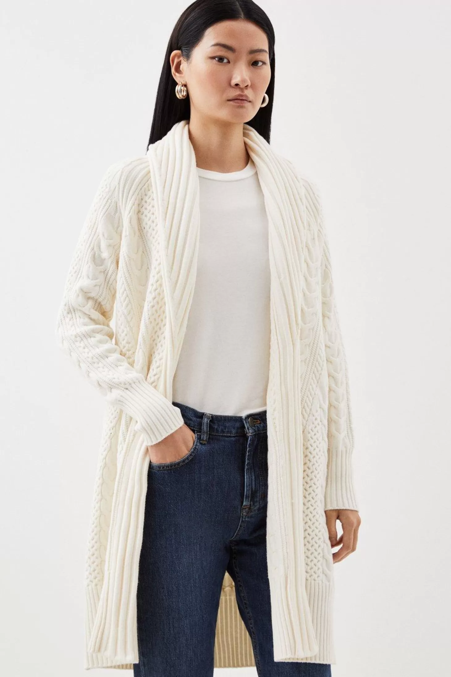 Karen Millen Viscose Blend Shawl Collar Cable Knit Coatigan