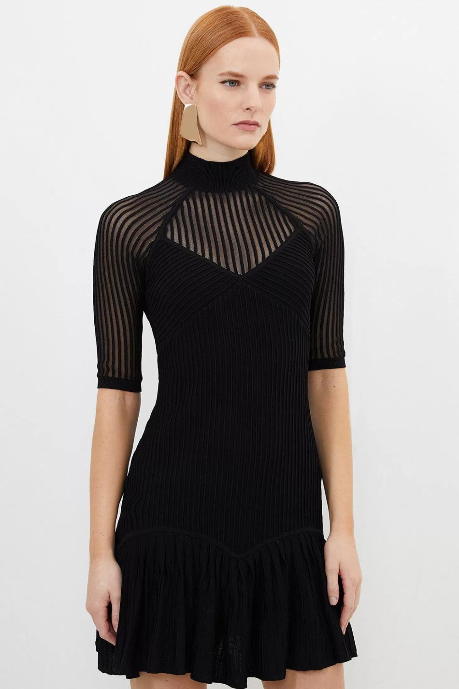 Karen Millen Viscose Blend Sheer Knit Peplum Mini Dress