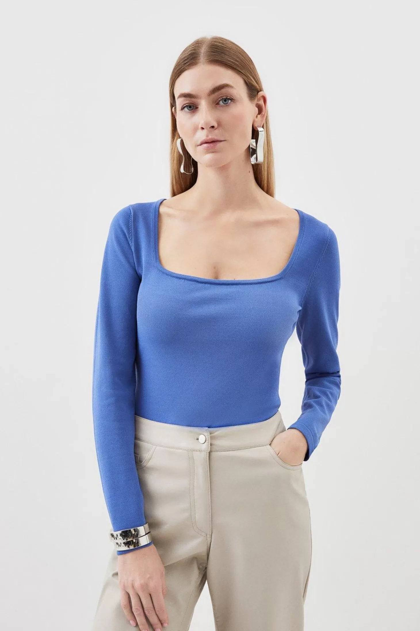 Karen Millen Viscose Blend Square Neck Figure Form Knitted Top