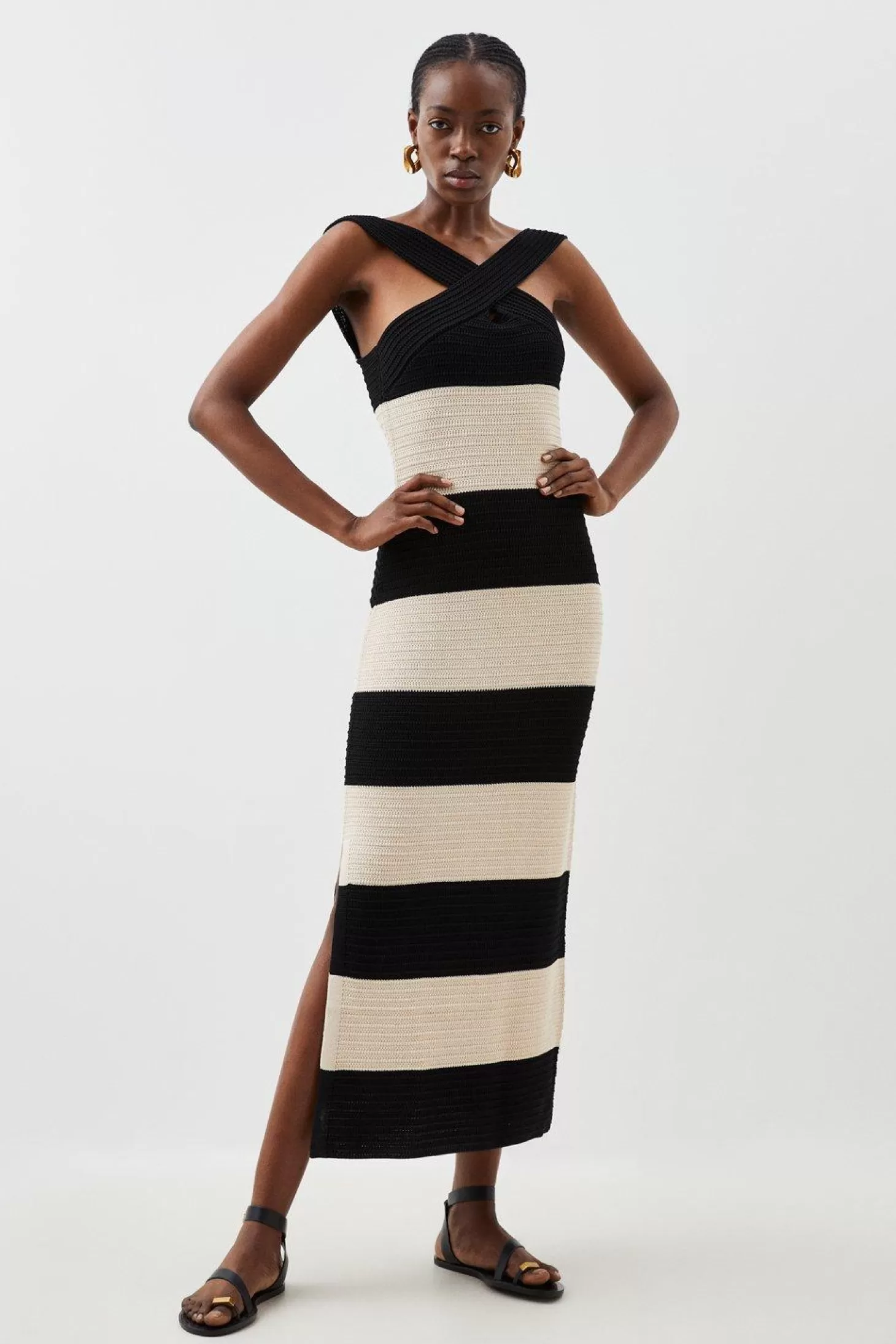 Karen Millen Viscose Blend Striped Cross Front Knit Midi Dress