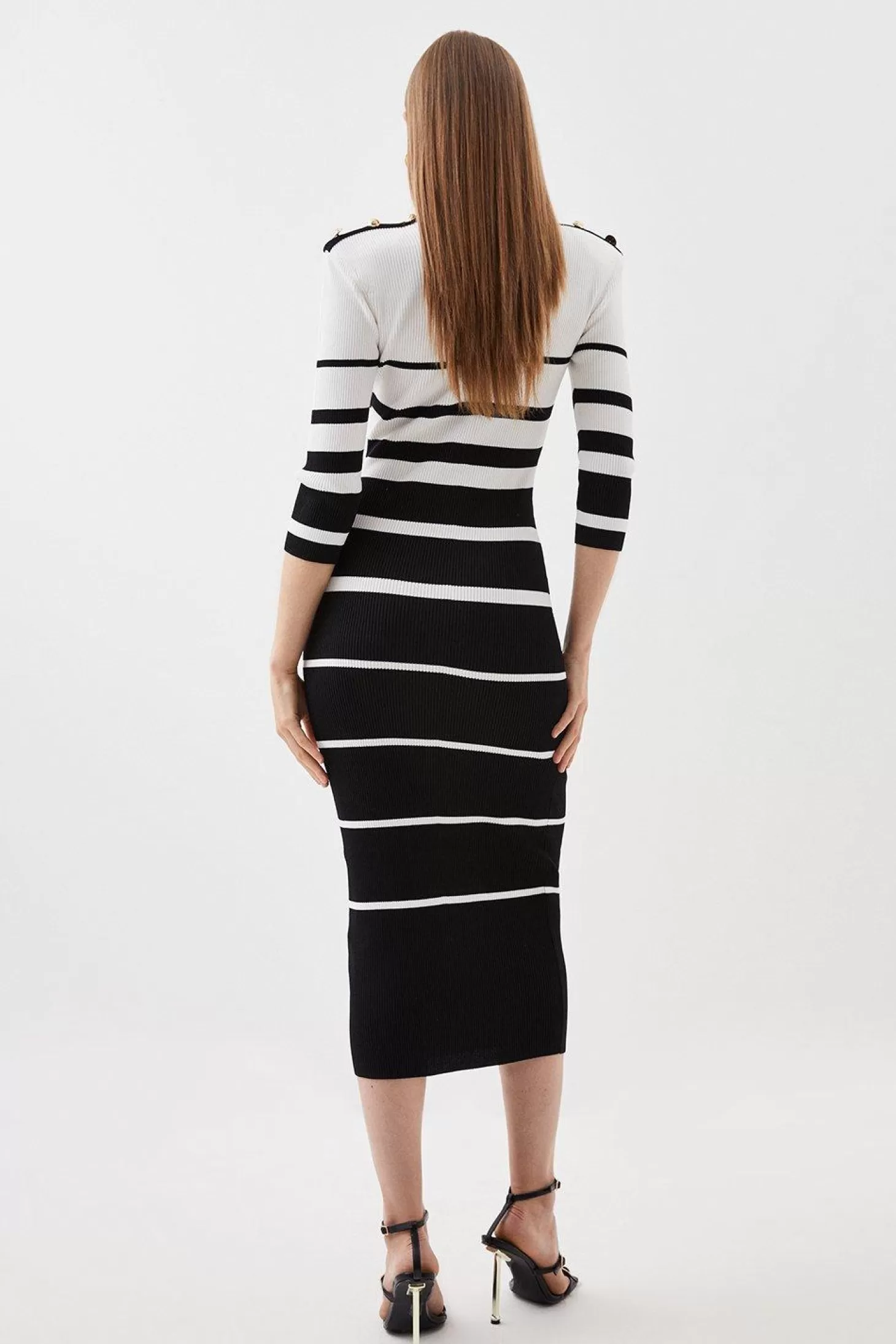 Karen Millen Viscose Blend d Rib Knit Military Trim Dress With Power Shoulder