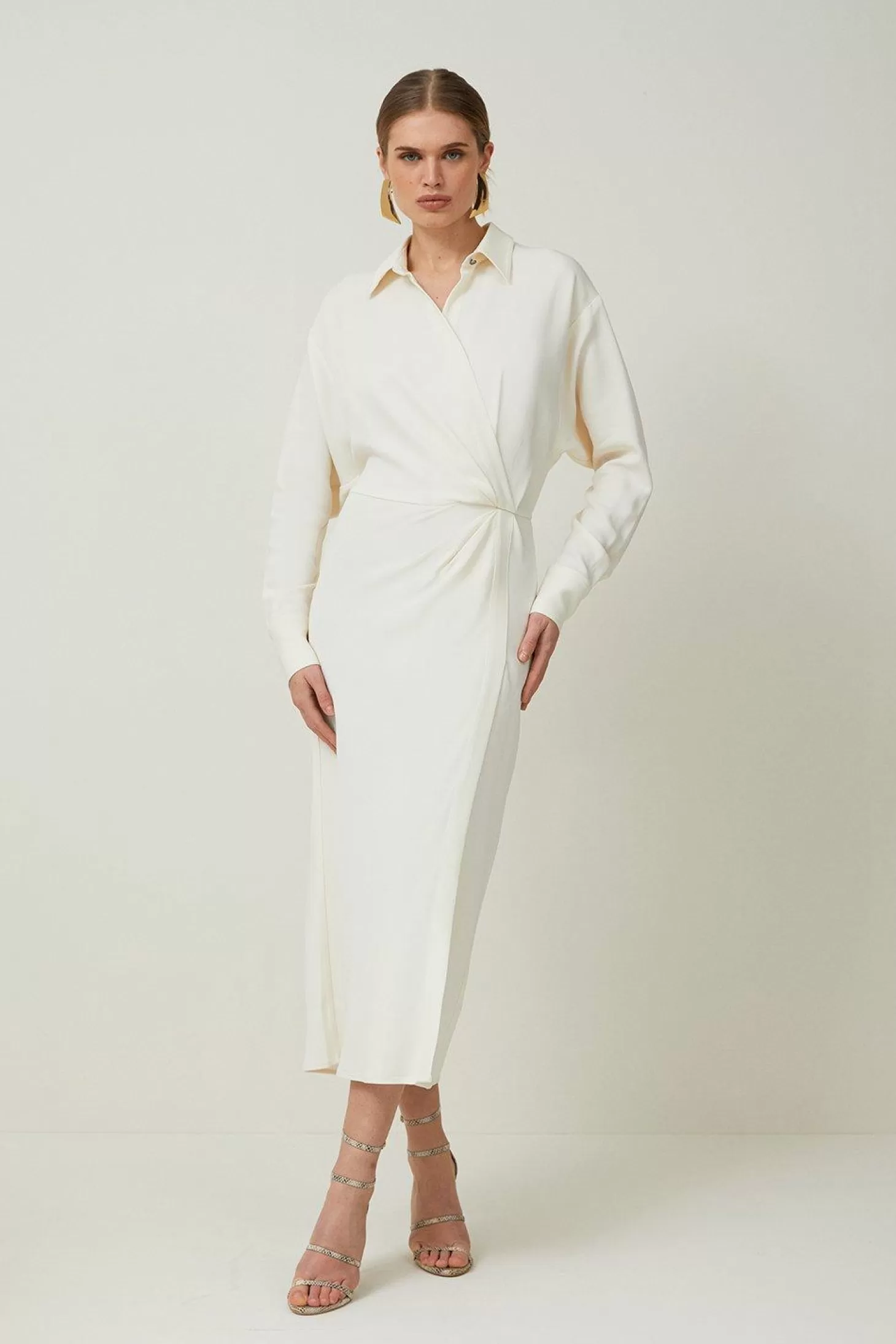 Karen Millen Viscose Crepe Long Sleeve Woven Midi Shirt Dress