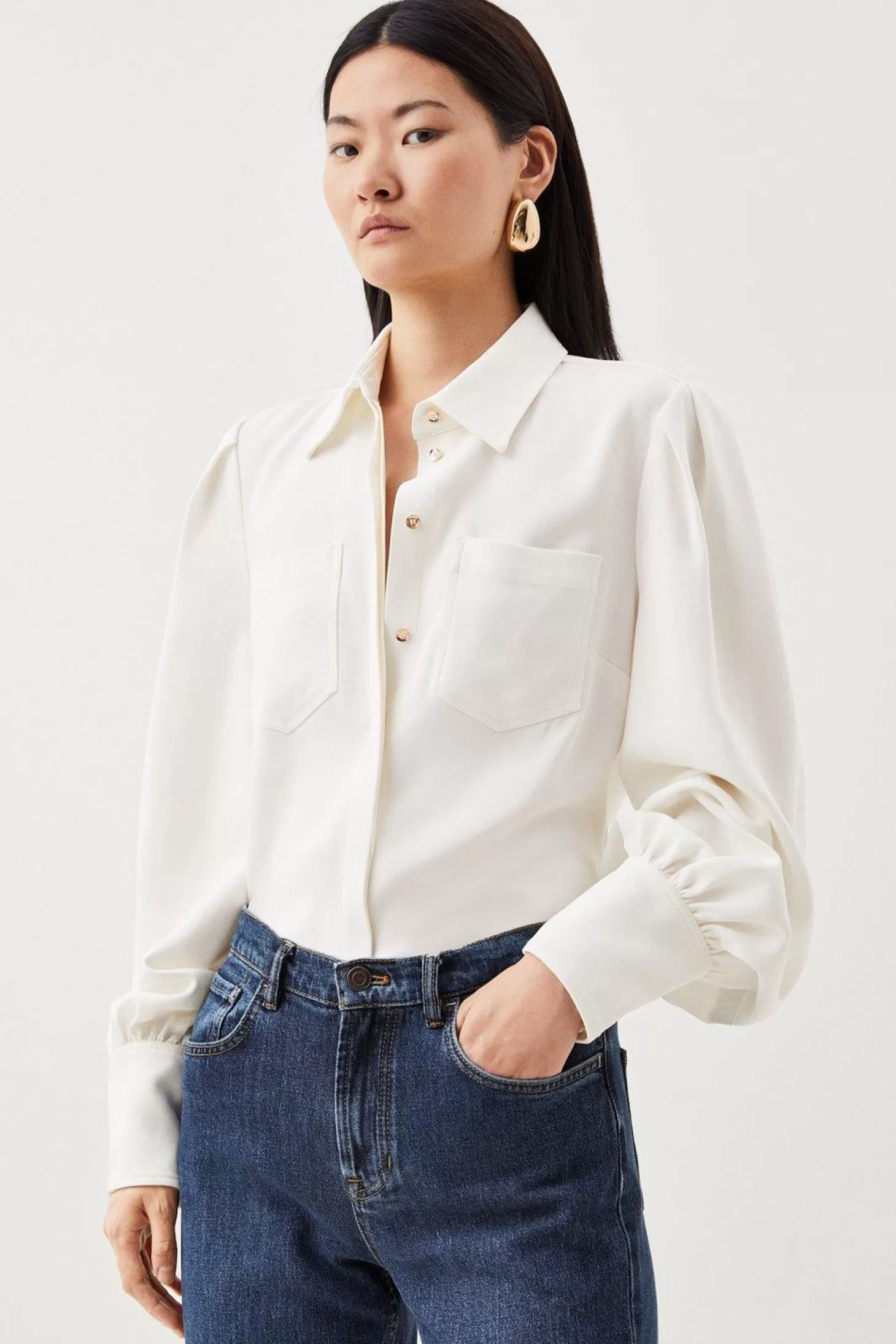 Karen Millen Viscose Crepe Statement Sleeve Collared Blouse