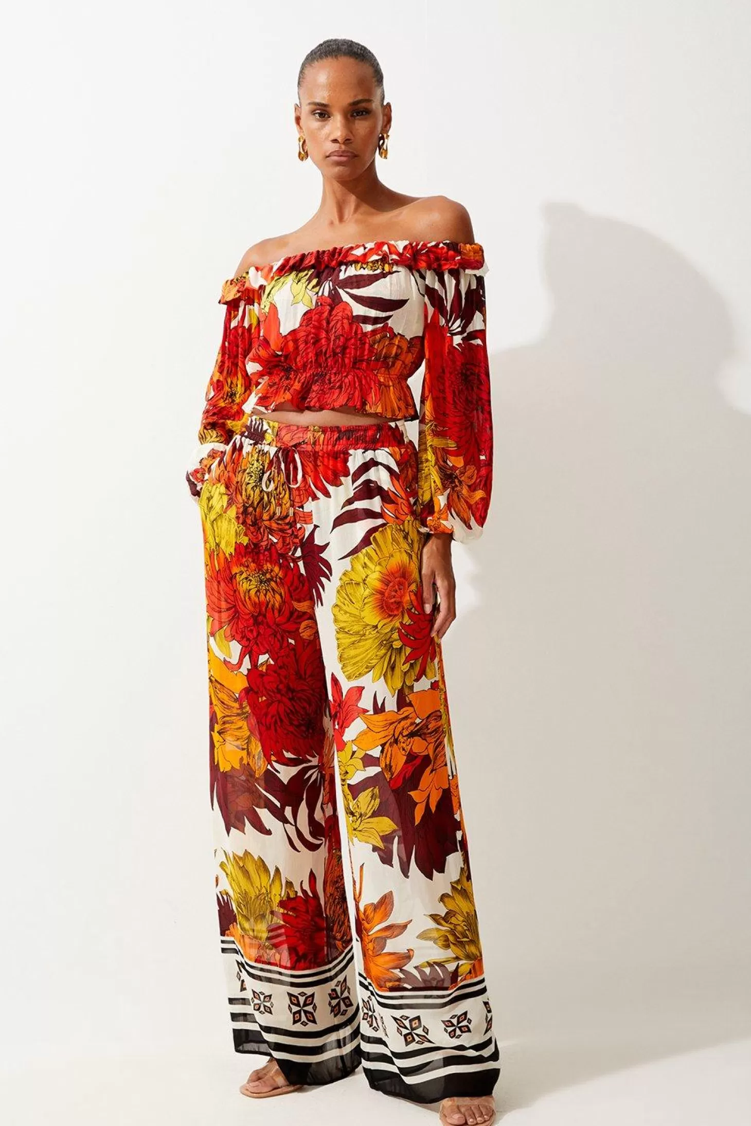 Karen Millen Viscose Georgette Border Print Beach Wide Leg Pants