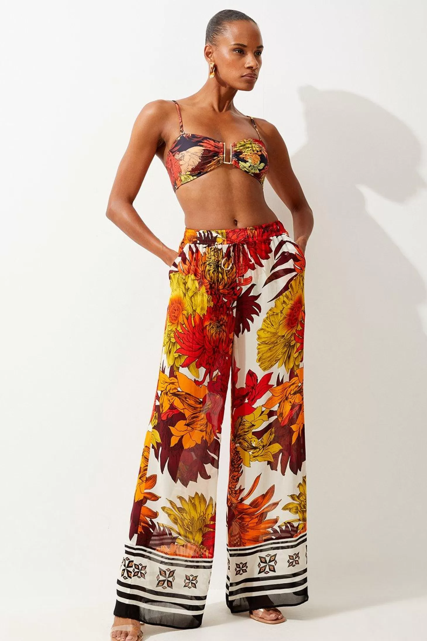 Karen Millen Viscose Georgette Border Print Beach Wide Leg Pants