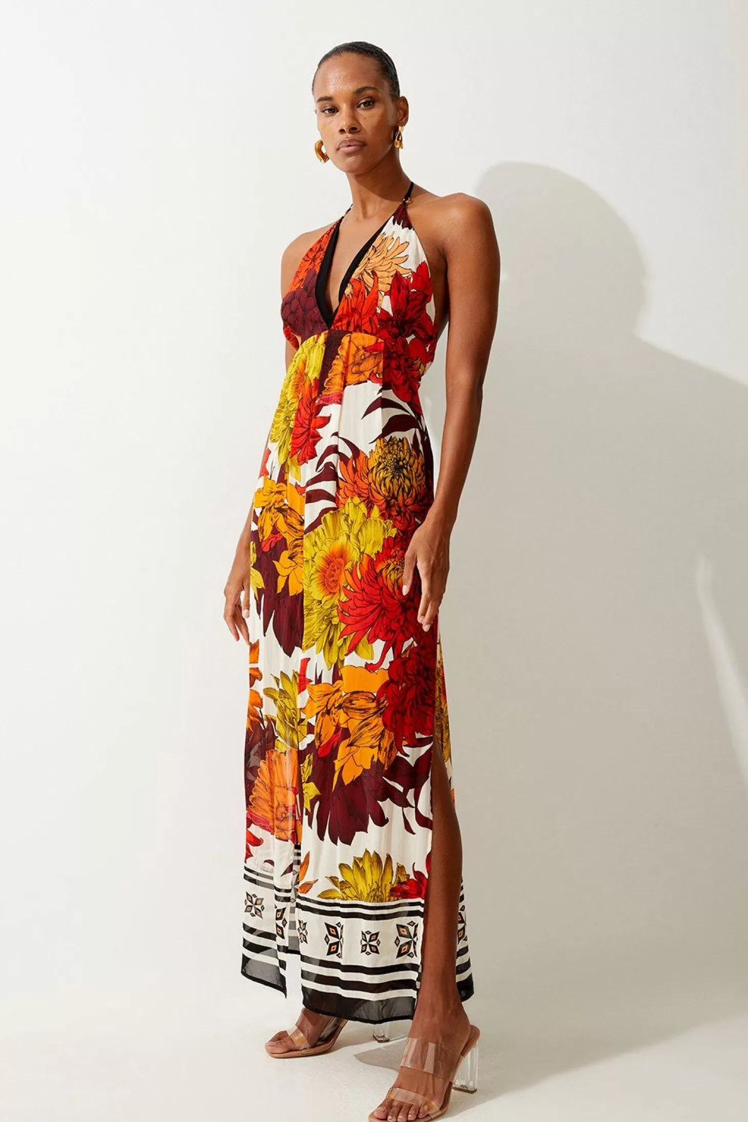 Karen Millen Viscose Georgette Border Print Halterneck Maxi Beach Dress