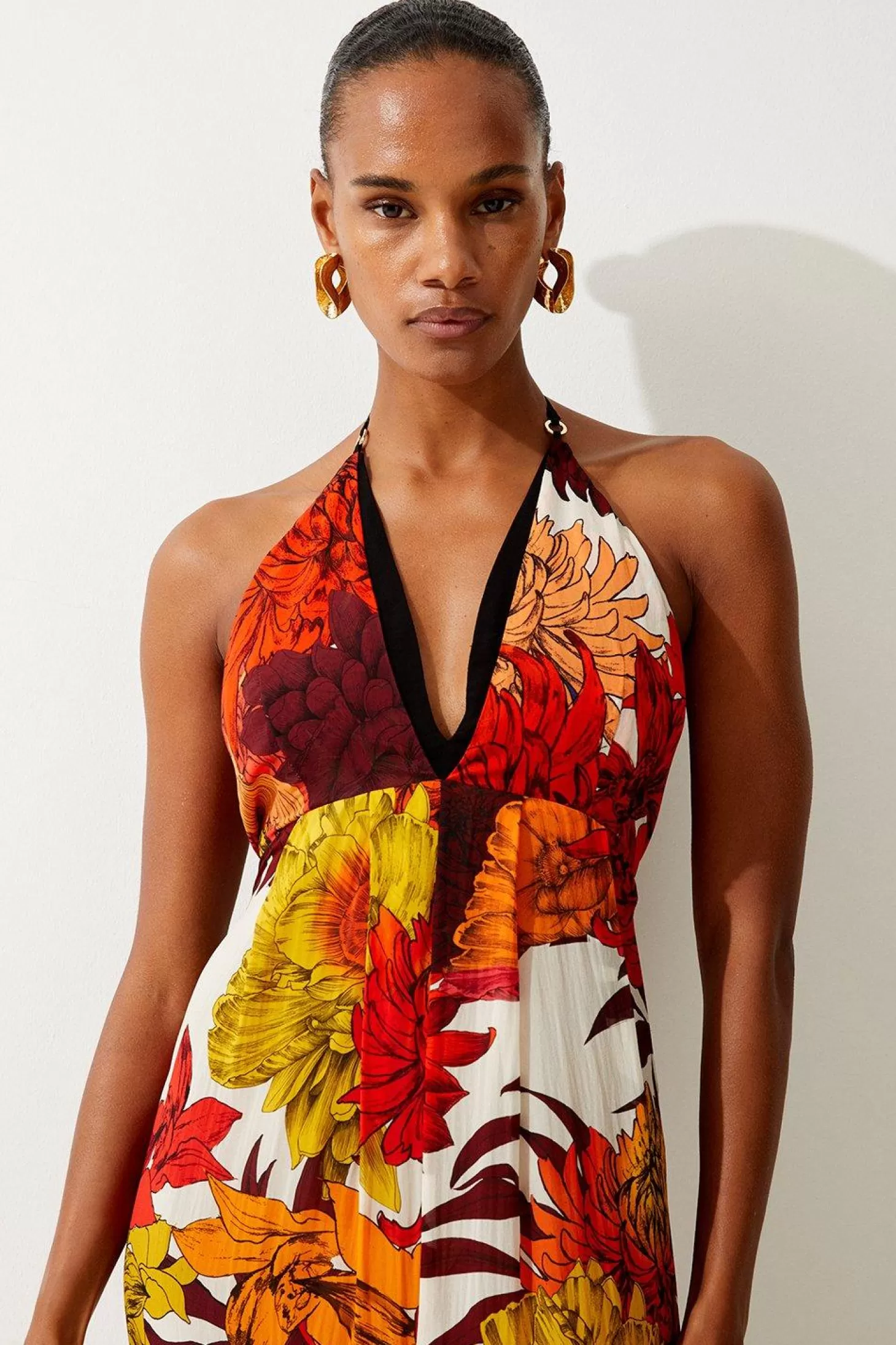 Karen Millen Viscose Georgette Border Print Halterneck Maxi Beach Dress