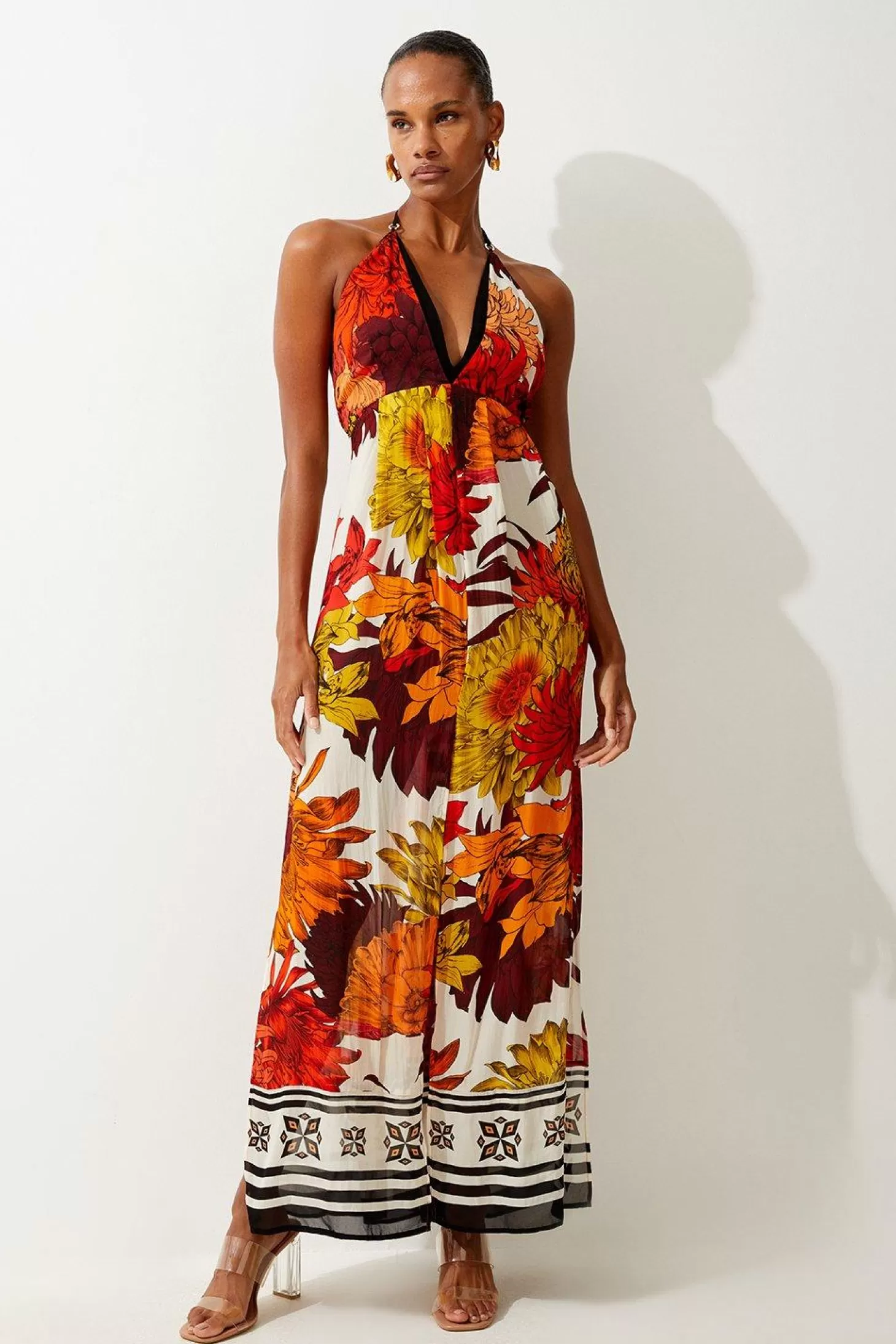 Karen Millen Viscose Georgette Border Print Halterneck Maxi Beach Dress