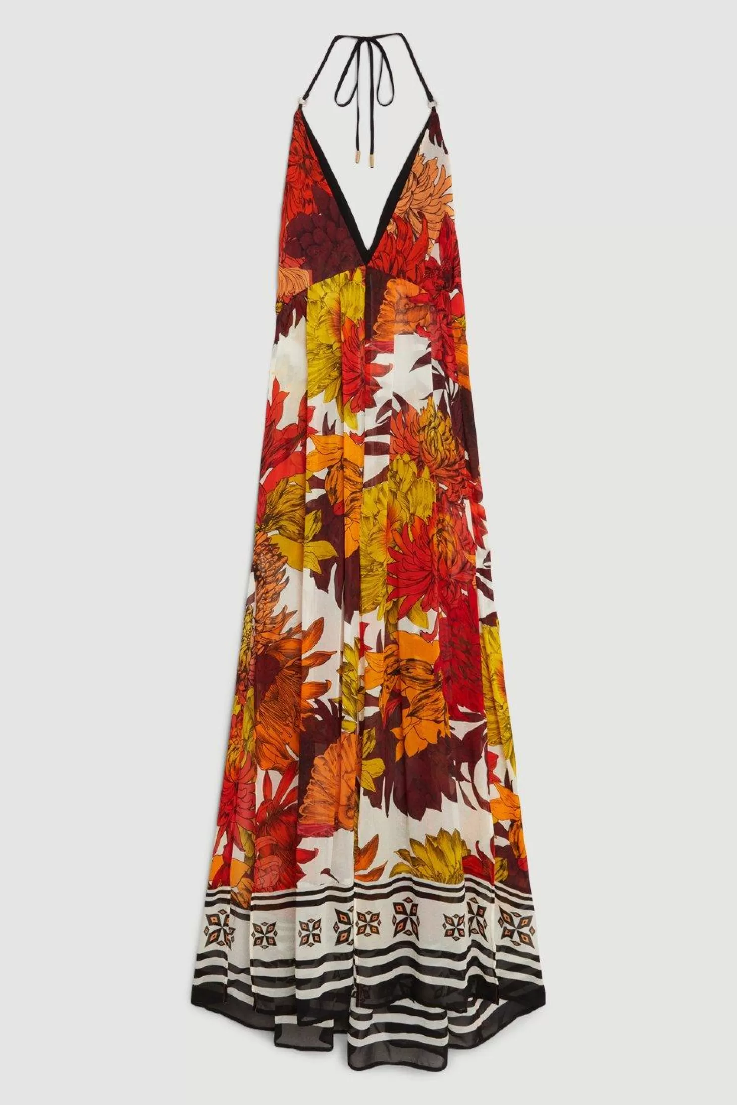 Karen Millen Viscose Georgette Border Print Halterneck Maxi Beach Dress