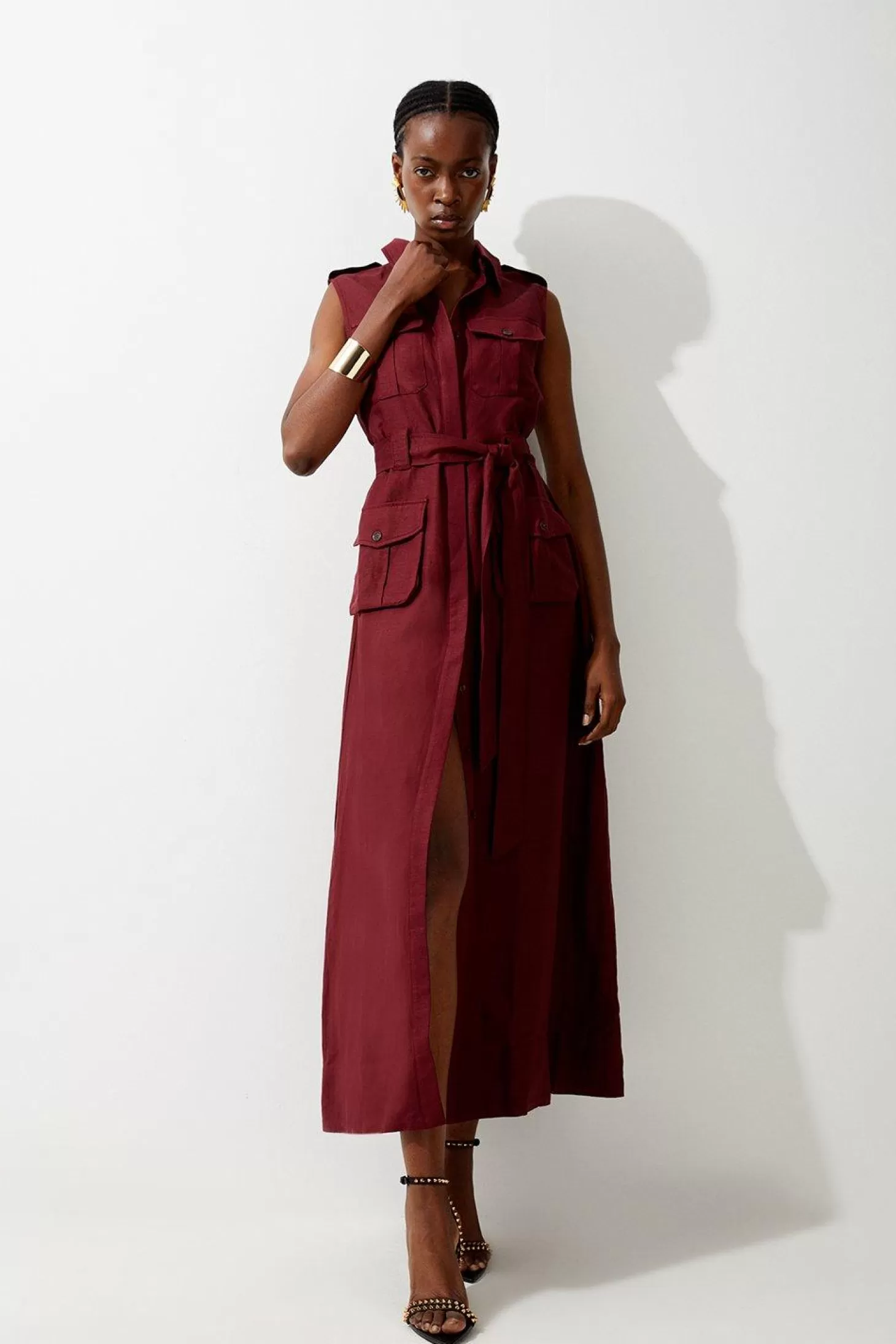 Karen Millen Viscose Linen Sleeveless Woven Maxi Shirt Dress