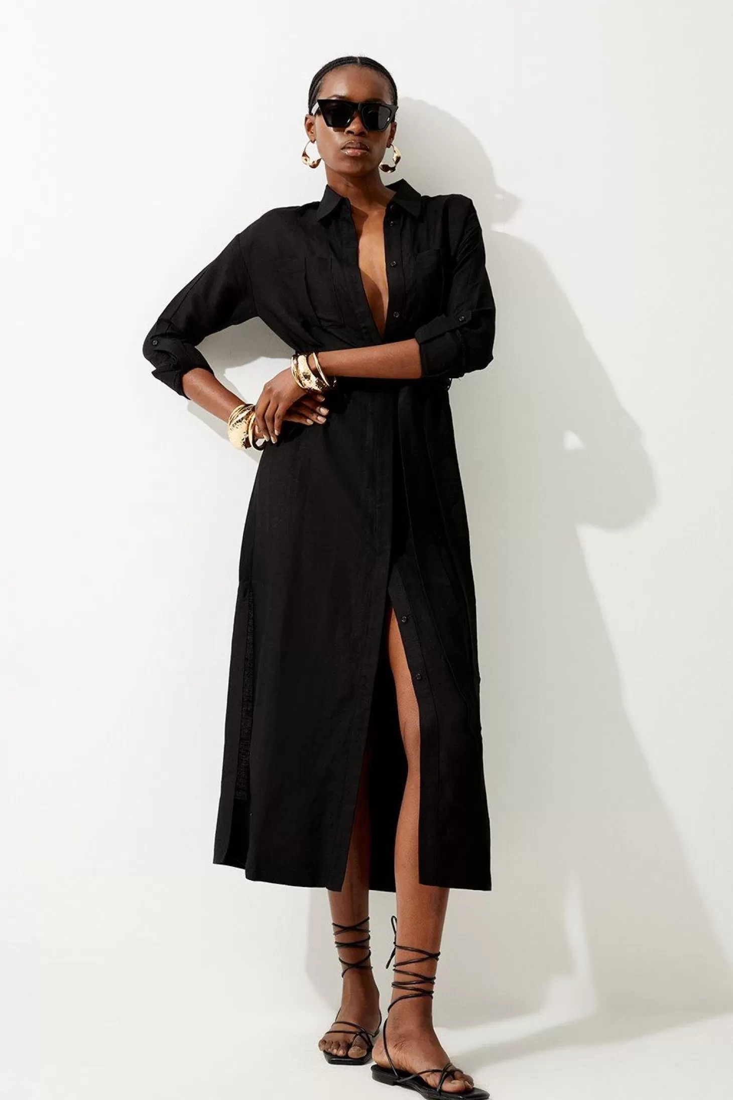 Karen Millen Viscose Linen Woven Belted Maxi Shirt Dress